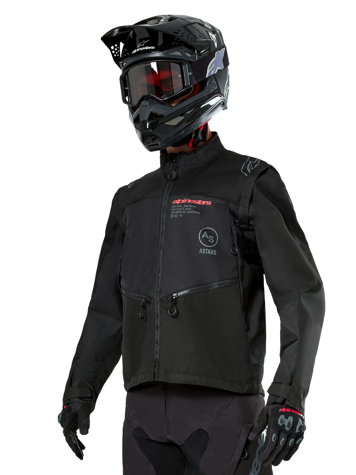 Alpinestars Pro-Dura jakke, off-road motorcykeljakke, sort med røde og grå logoer, har forlommer med lynlås og høj krave, bæres med en sort motocrosshjelm og handsker til enduro-løb