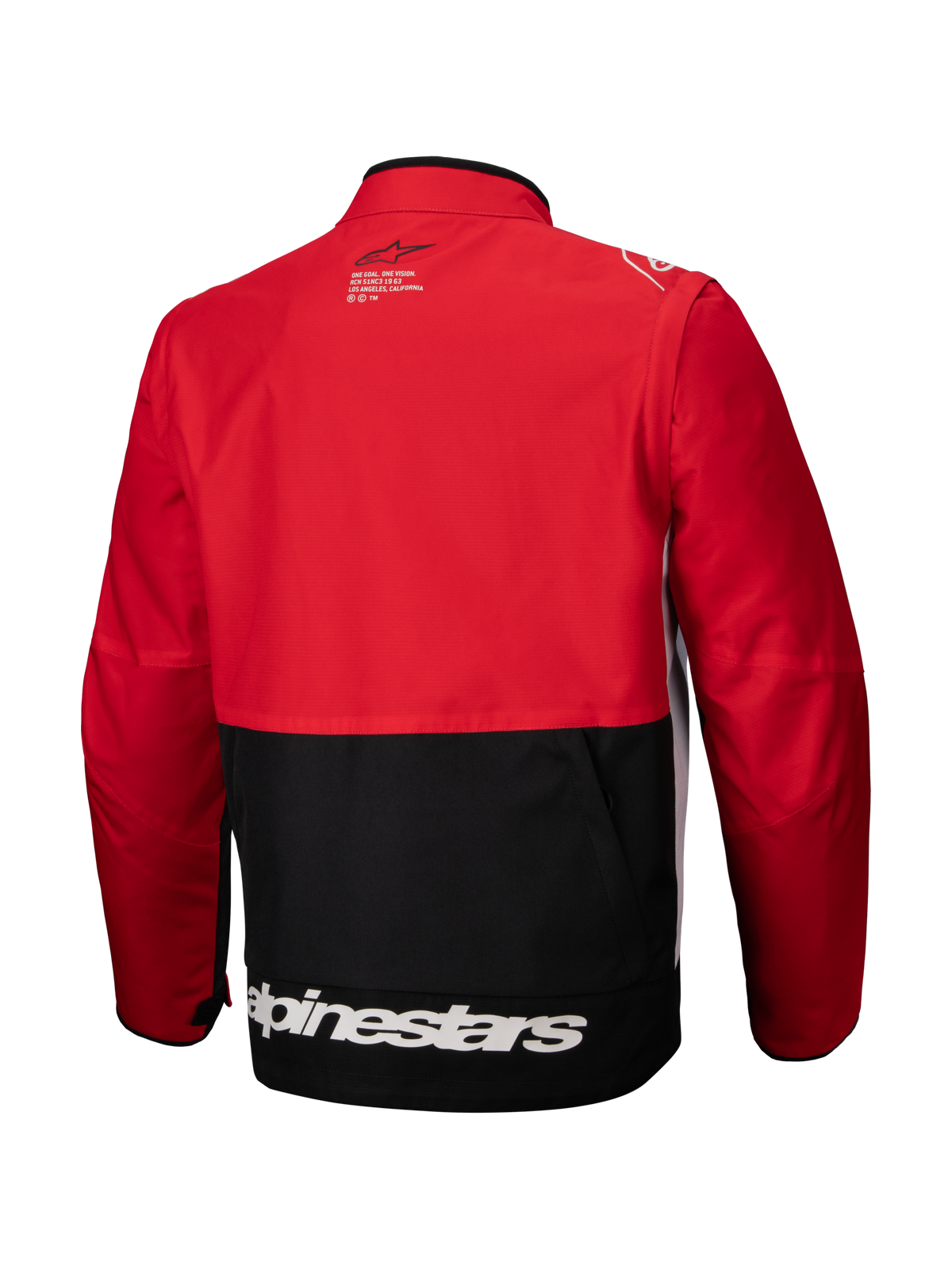 Alpinestars Pro-Dura jakke, off-road enduro-jakke, sort, klar rød og hvid, set bagfra, rød overdel og ærmer med sort underpanel, hvidt Alpinestars-logo på nederste kant, slidstærk ripstop-tekstilkonstruktion til aggressiv terrænkørsel