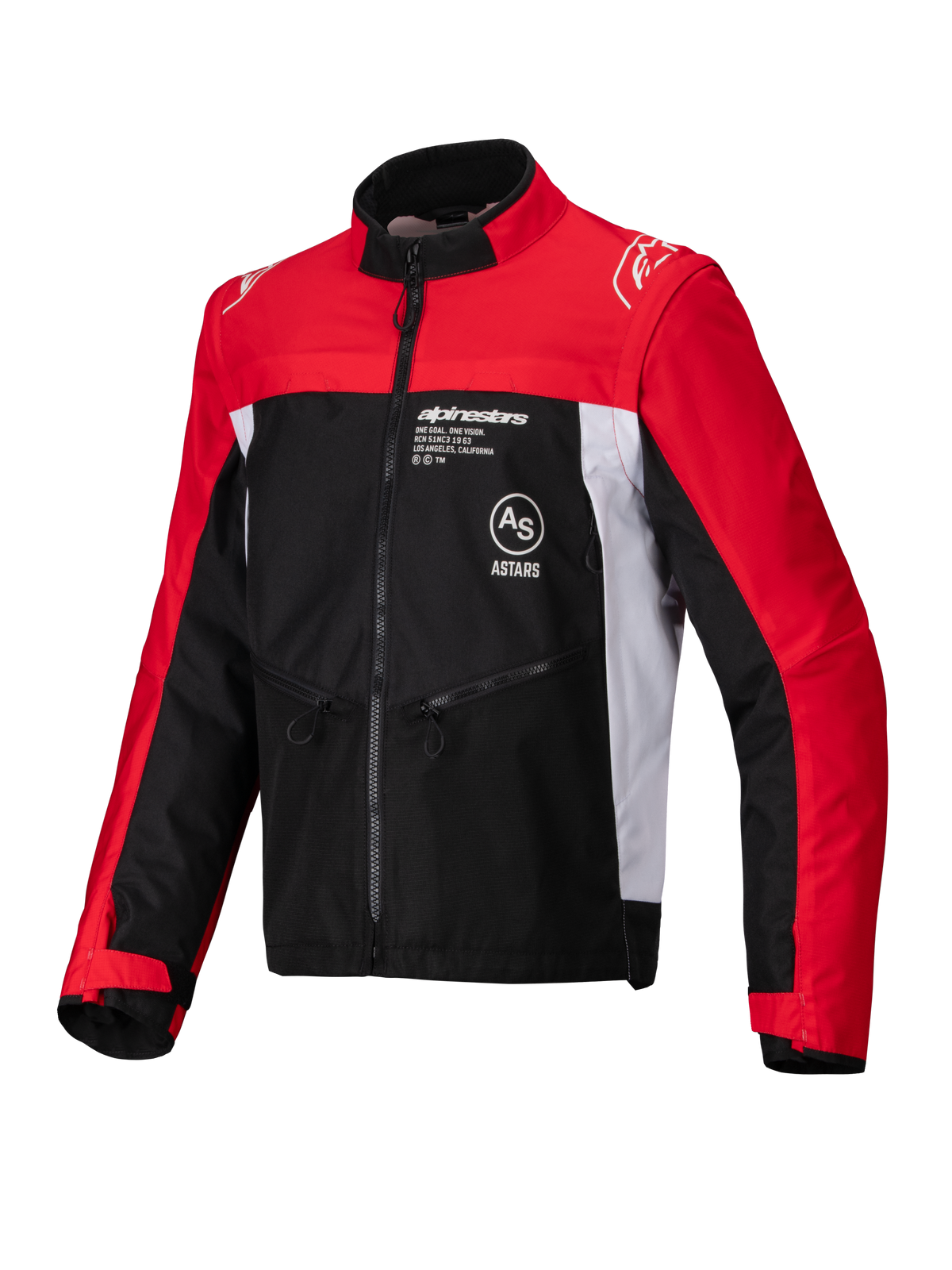Alpinestars Pro-Dura jakke, off-road motorcykeljakke, sort, klar rød og hvid, med høj krave, lynlås foran og ripstop-tekstilkonstruktion med røde ærmer, hvide sidepaneler og Alpinestars-branding på brystet.