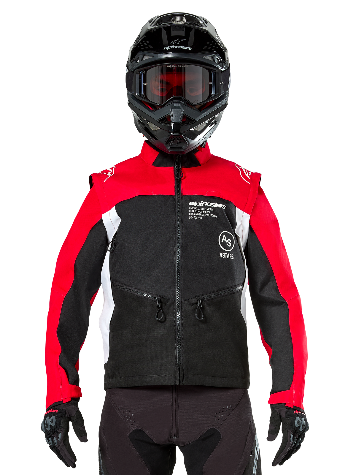 Alpinestars Pro-Dura-jakke, off-road motorcykeljakke, sort, stærk rød og hvid, båret af en kører med en sort motocross-hjelm og beskyttelsesbriller, med en holdbar ripstop-konstruktion og hvide sidepaneler, designet til enduro- og trail-kørsel