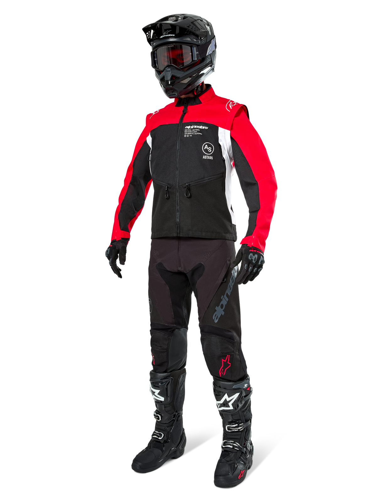 Alpinestars Pro-Dura jakke, off-road motorcykeljakke, sort, klar rød og hvid, vist med komplet racerudstyr inklusive sort hjelm med røde goggles, sorte bukser og sort-hvide støvler, slidstærkt tekstilsæt til enduro- og trailkørsel