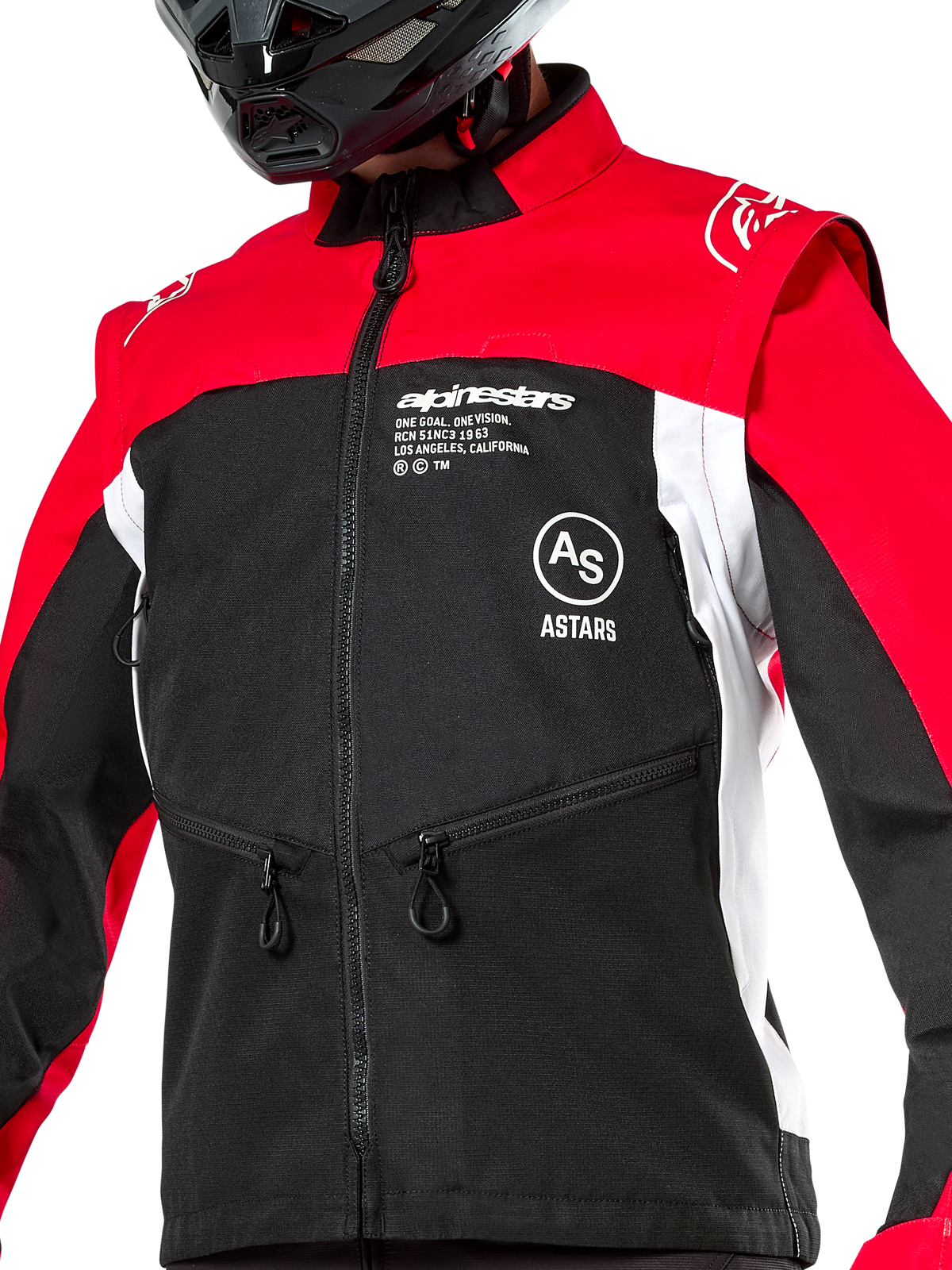 Alpinestars Pro-Dura jakke, off-road motorcykeljakke, sort, klar rød og hvid, båret med sort hjelm, med lynlåslommer og tydelig branding på brystet, slidstærk tekstilkonstruktion til enduro- og trailkørsel