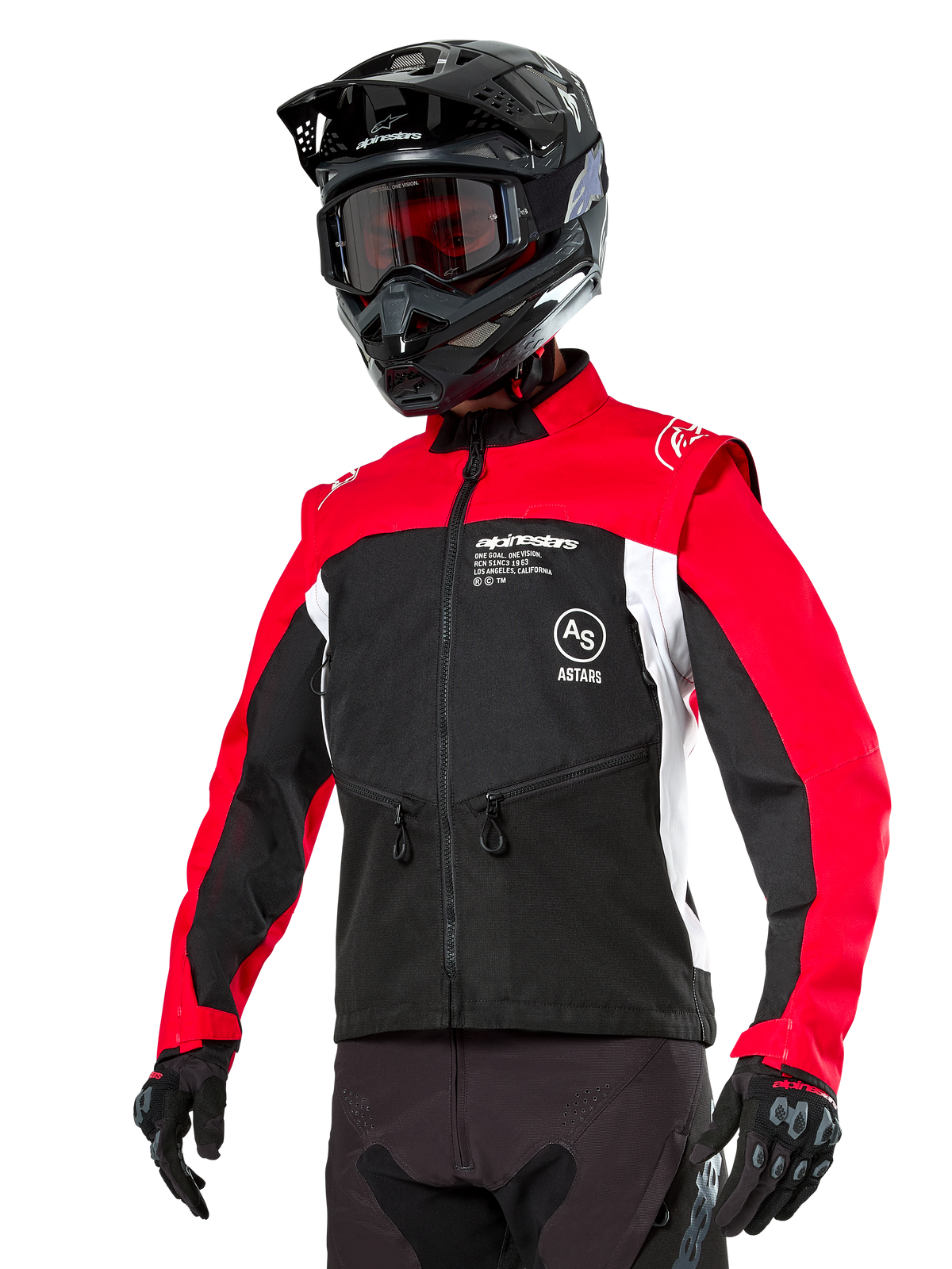 Alpinestars Pro-Dura jakke, off-road enduro motorcykeljakke, sort med klar rød og hvid farveblokering, båret af en kører med sort hjelm og goggles, med lynlåslommer foran og Alpinestars-branding, slidstærk tekstilkonstruktion til trail-kørsel