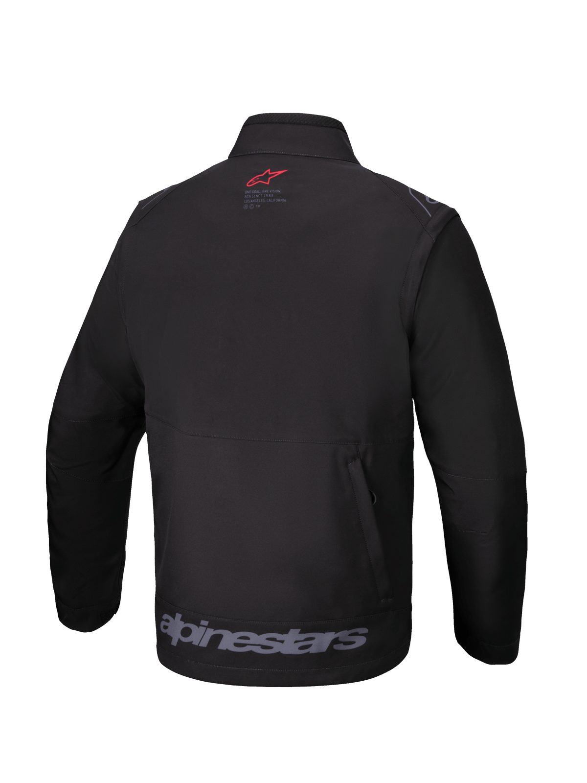 Alpinestars Lite-Dura Softshell Jakke, sort, set bagfra, med et lille rødt logo i nakken, et stort gråt Alpinestars logo på den nederste kant og en lodret baglomme med lynlås, teknisk off-road udstyr til enduro og motocross.