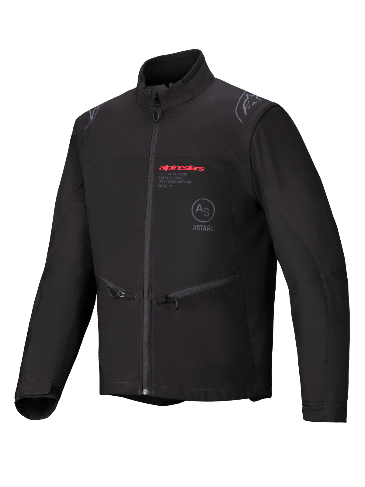 Alpinestars Lite-Dura Softshell Jakke, sort, enduro off-road motorcykeljakke, med rød Alpinestars-branding og AS ASTARS-logo på brystet, lynlåslommer og vindtæt softshell-konstruktion.