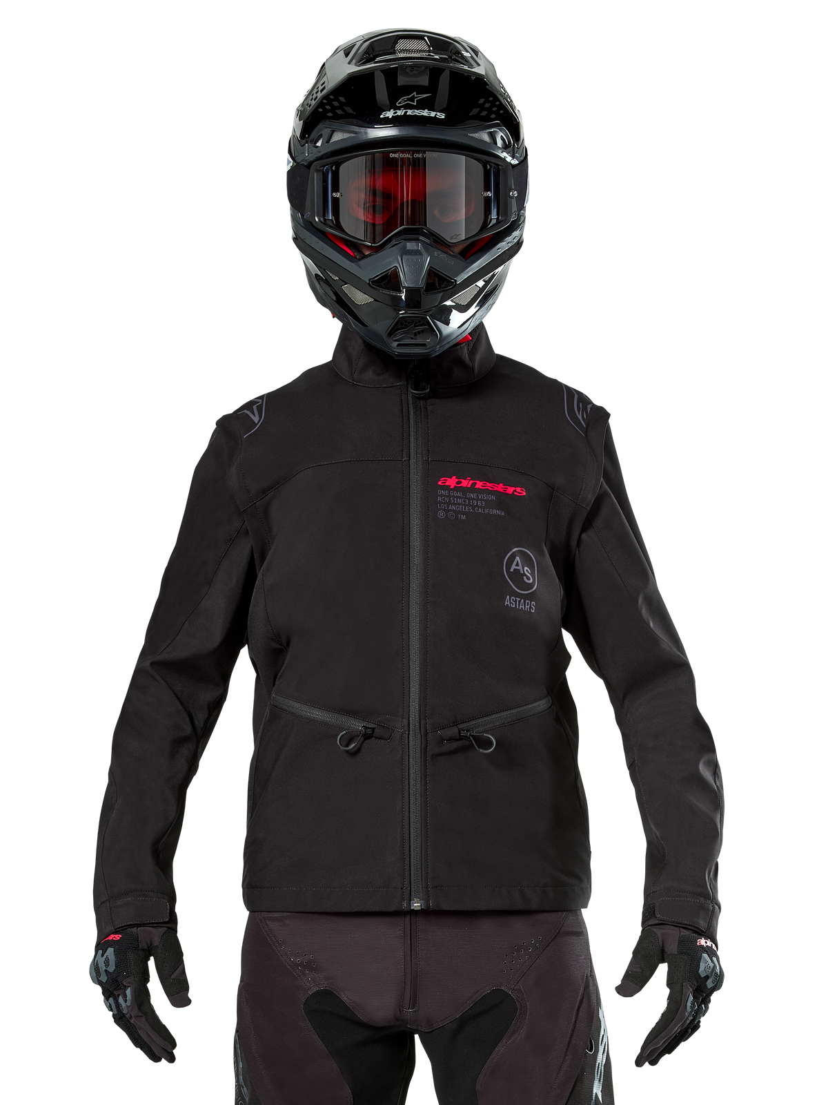 Alpinestars Lite-Dura Softshell-jakke i sort, motocross-kører med røde og grå logodetaljer på brystet, sort hjelm med røde briller, sorte handsker og bukser, frontvisning af teknisk off-road køreudstyr