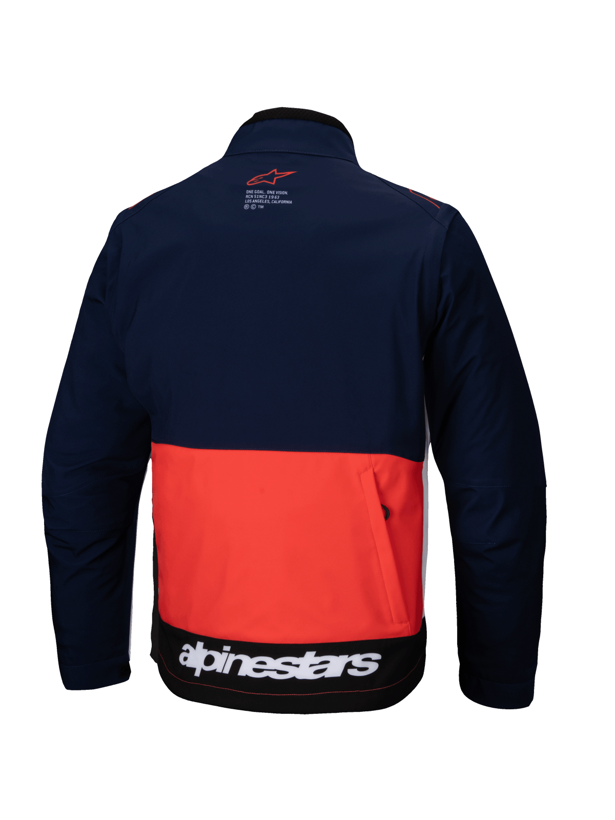 Alpinestars Lite-Dura Softshell Jacket in Navy, Hot Orange, and White, back view showcasing a color-blocked design, large zippered rear storage pocket, and white Alpinestars branding on the lower hem.