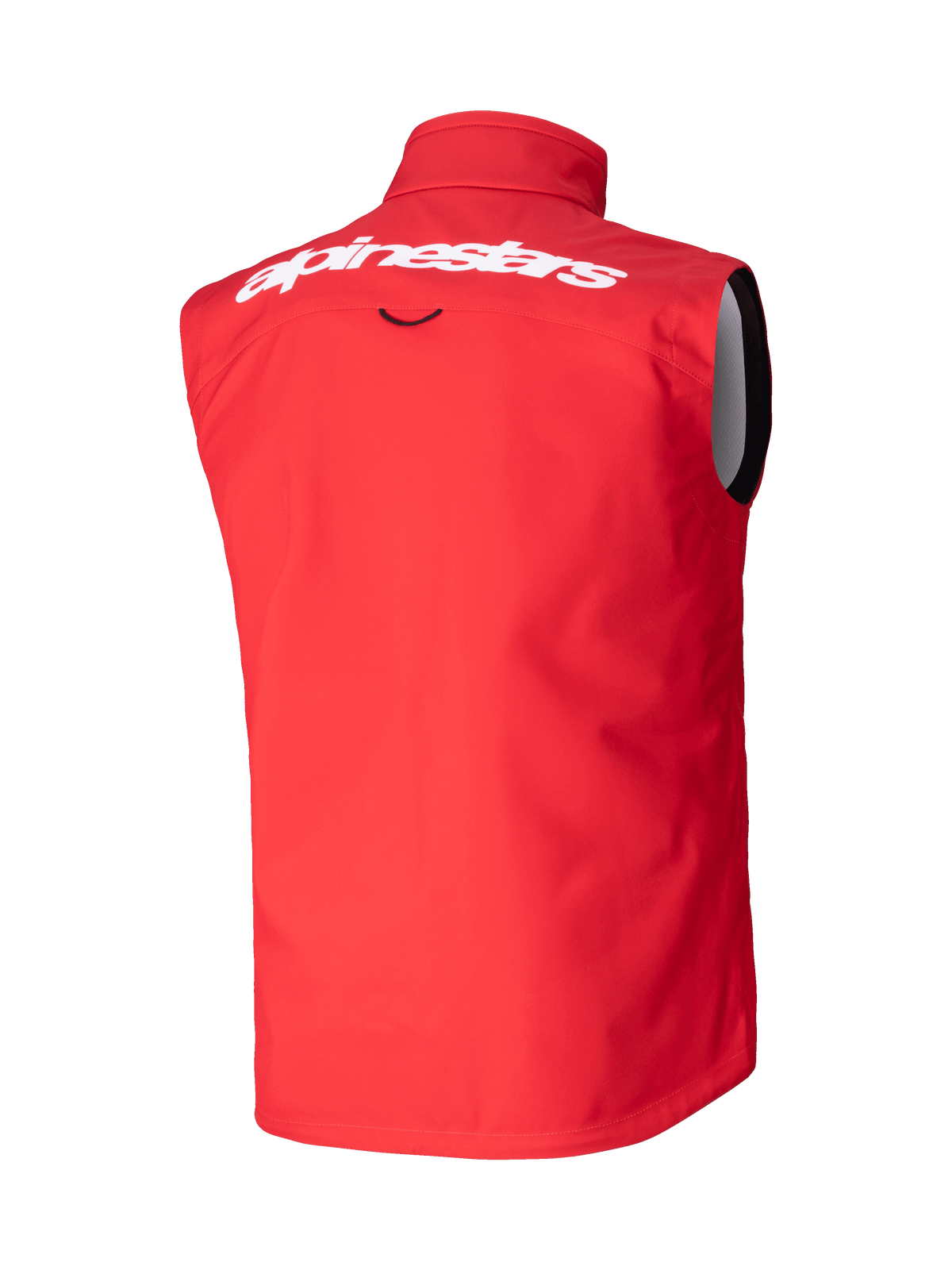 Alpinestars Techstar Softshell Vest, Motocross Vest, Bright Red, Rear view featuring white Alpinestars wordmark on the upper back, windproof stretch softshell material, ergonomic sleeveless design for off-road riding