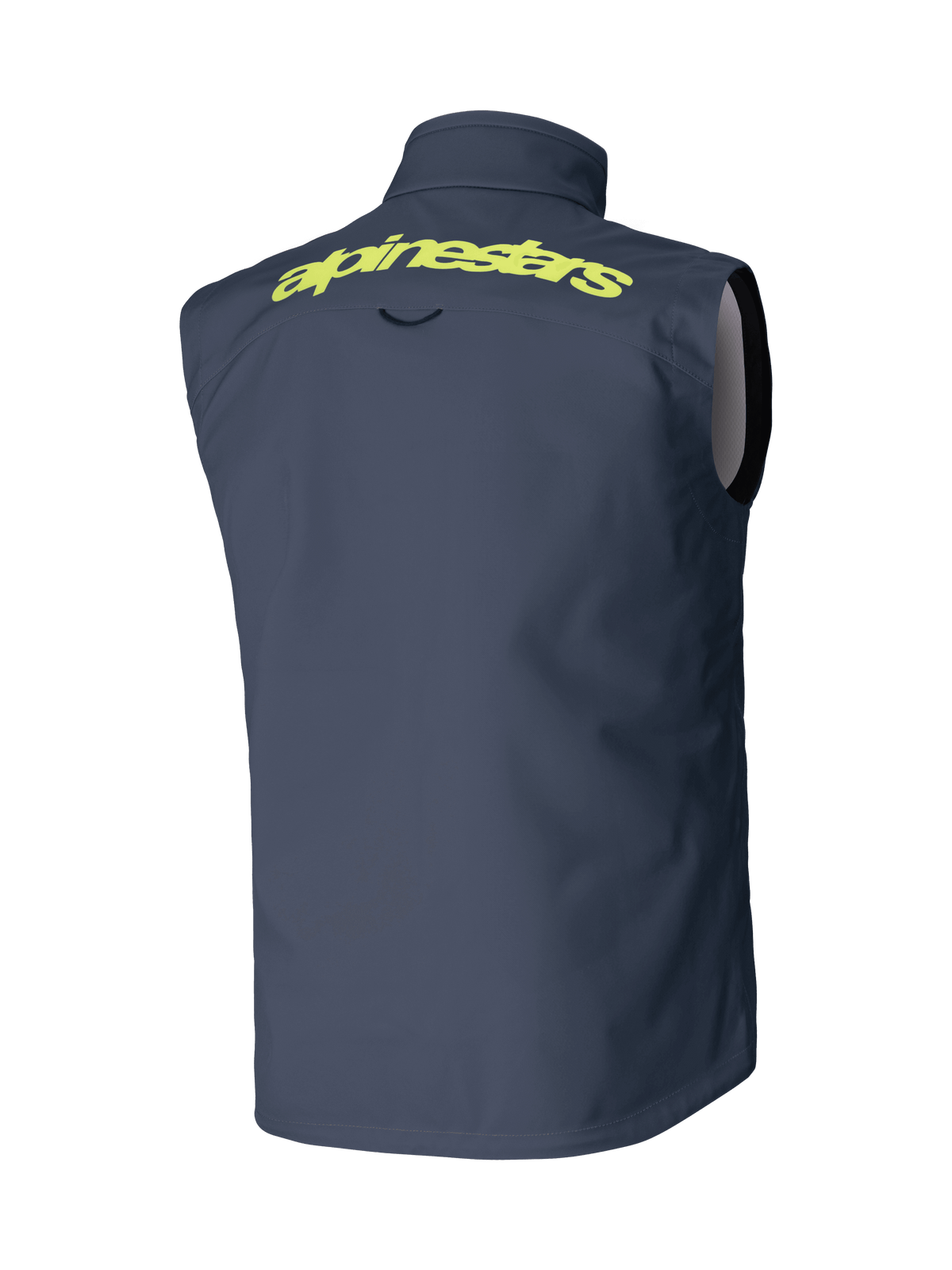 Alpinestars Techstar Softshell Vest, Dark Gray, Back View, featuring bold yellow Alpinestars wordmark on the shoulders, sleeveless windproof design, motocross and off-road performance gear