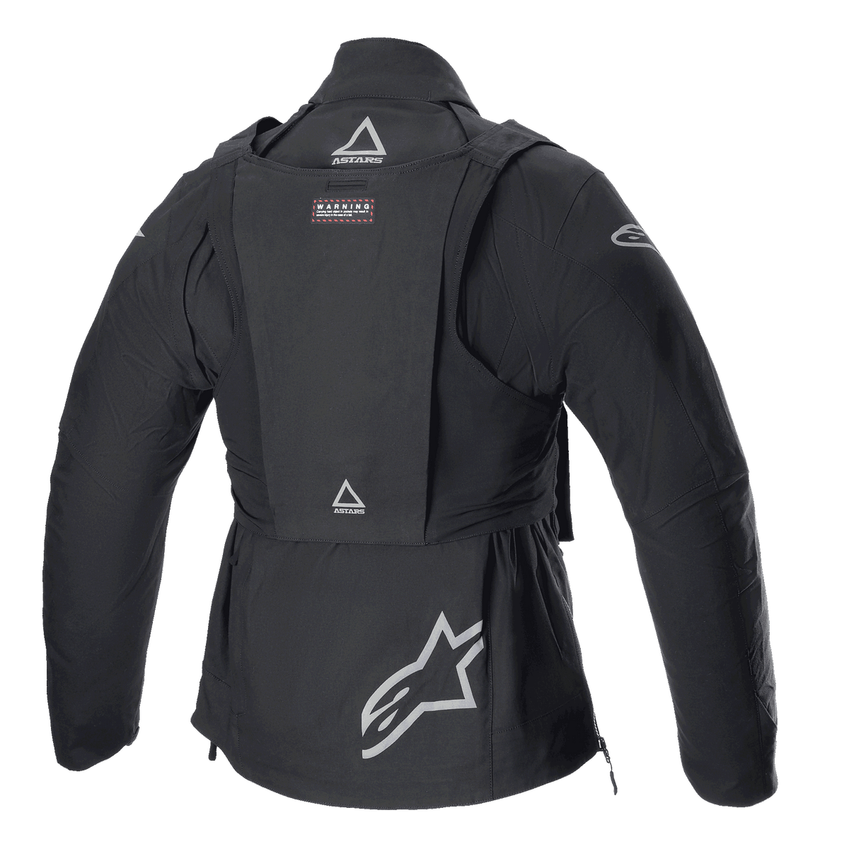 Alpinestars Techdura-jakke med taktisk pakke, off-road motorcykeljakke, Black Reflex, set bagfra med aftagelig taktisk vest med ASTARS-logoer, stort stjernelogo nederst på ryggen, robust modulær konstruktion til enduro-kørsel