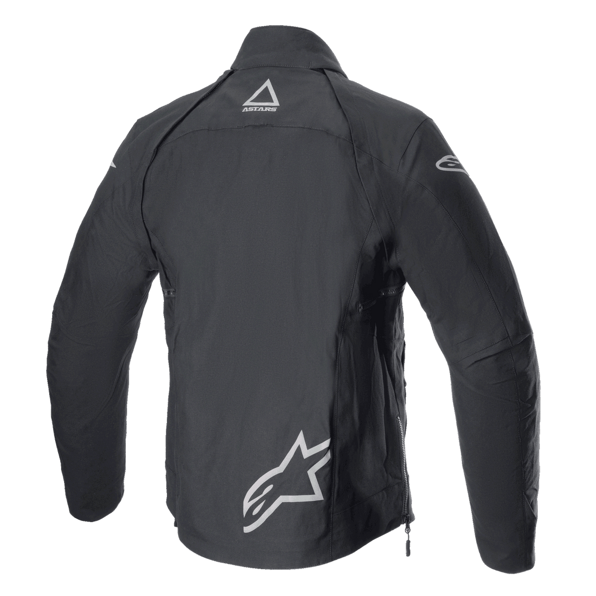 Alpinestars Techdura-jakke, Black Reflex, tekstil off-road motorcykeljakke set bagfra, med reflekterende Alpinestars-logoer nederst på ryggen og øverst på nakken, robust design til enduro- og adventure-kørsel