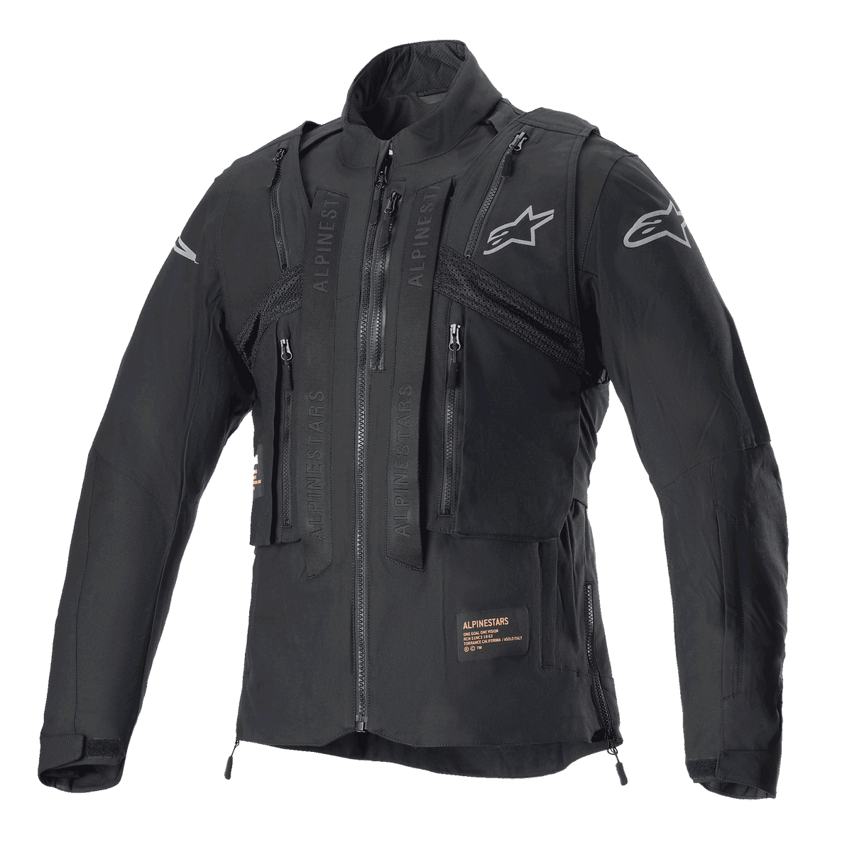 Alpinestars Techdura-jakke, Black Reflex, off-road motorcykeljakke med integreret taktisk vest, set forfra, med flere praktiske lommer, robust tekstilkonstruktion og sølvfarvede Alpinestars-logoer, designet til enduro-kørsel.