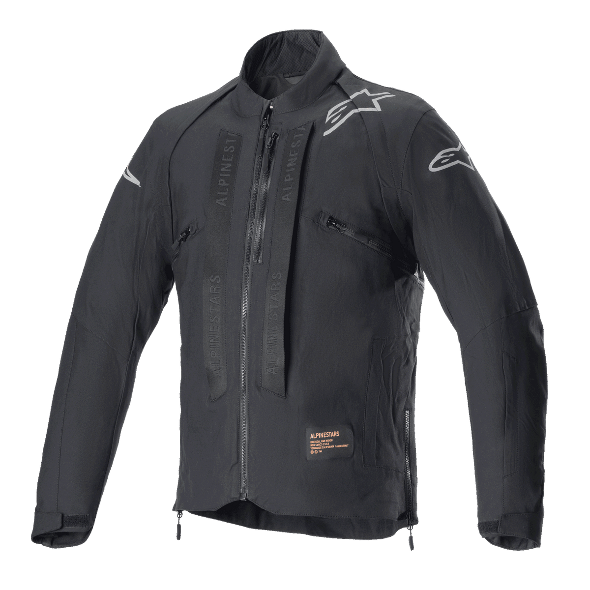 Alpinestars Techdura-jakke, Black Reflex off-road motorcykeljakke, sort med hvide stjernelogoer på skuldrene, tonal Alpinestars-branding på brystpanelerne, lynlås foran, holdbar tekstilkonstruktion, teknisk enduro-design