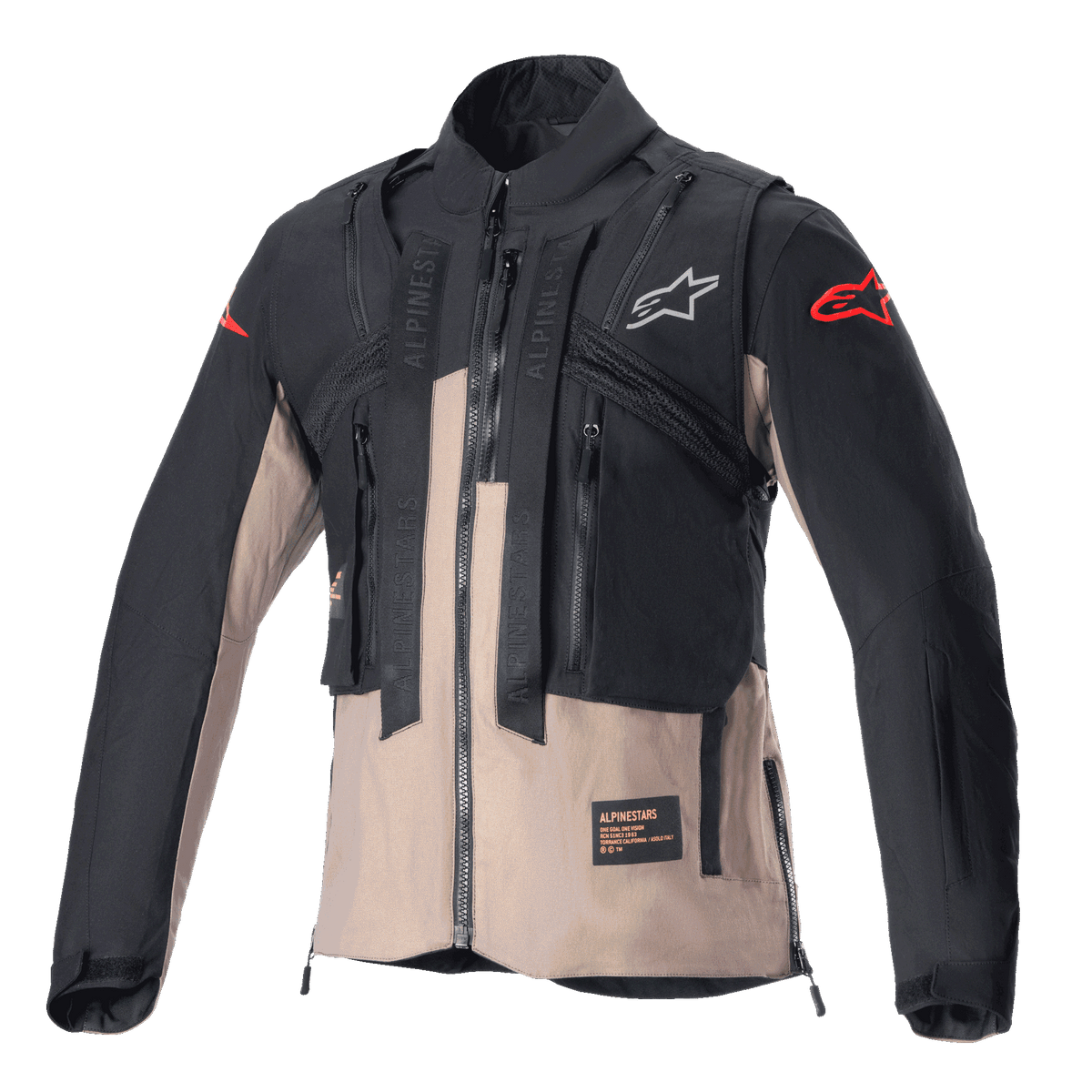 Alpinestars Techdura-jakke, off-road enduro-jakke, sort og Falcon Brown, med et modulært design, integreret taktisk vest, flere praktiske lommer, holdbar tekstilkonstruktion og Alpinestars-logoer på brystet og ærmerne.