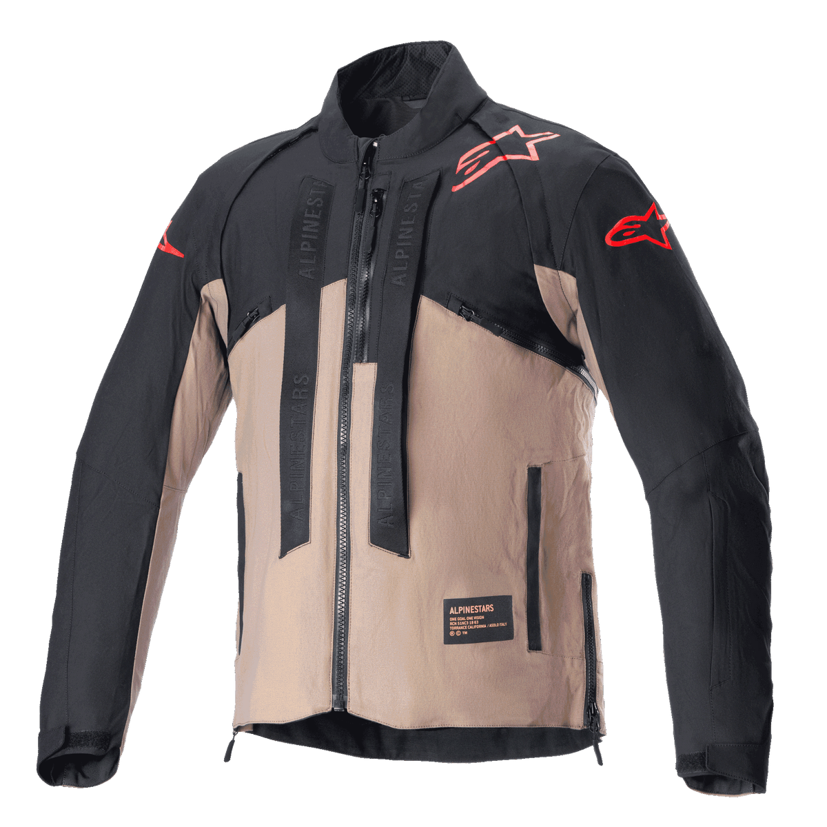 Alpinestars Techdura-jakke, off-road motorcykeljakke, Black Falcon Brown, tofarvet design med røde stjernelogoer på skuldre og ærmer, lodrette stropper med Alpinestars-branding på brystet, slidstærkt tekstilmateriale