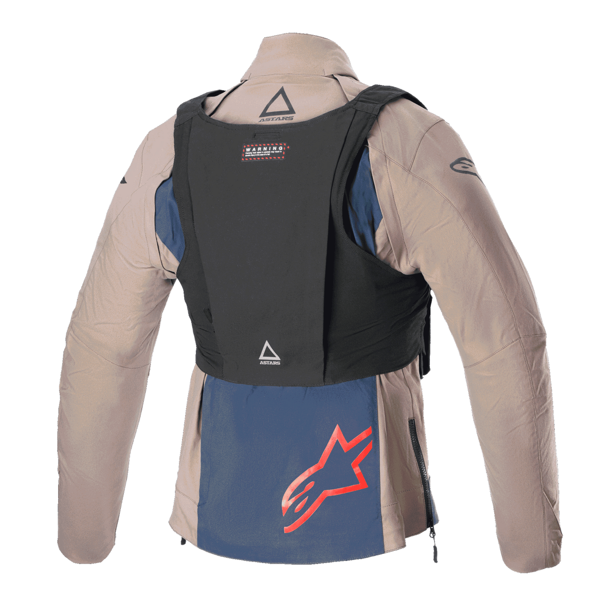 Alpinestars Techdura Jacket, Falcon Brown and Night Navy, back view with black tactical vest, featuring a red Alpinestars logo on the navy blue lower panel, rugged textile construction for enduro and off-road riding