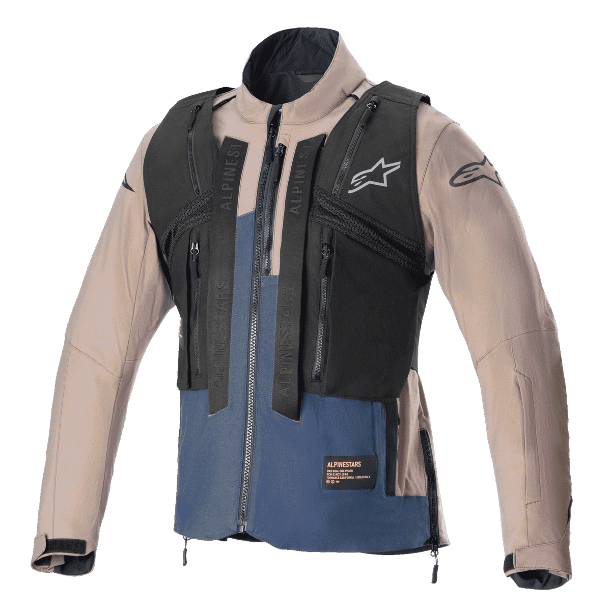 Alpinestars Techdura Jacket, Falcon Brown and Night Navy, featuring a detachable black tactical pack vest with multiple zippered pockets, rugged stretch polyamide construction, star logo on the chest and sleeves, designed for enduro and off-road riding.