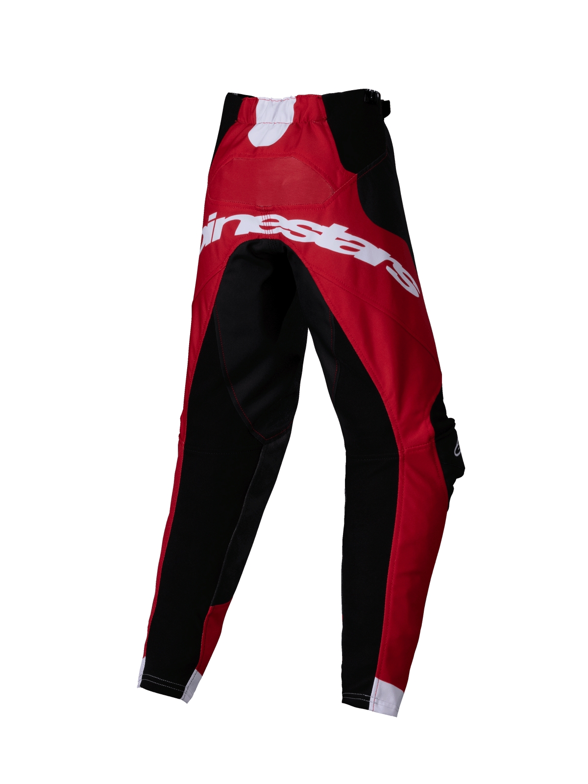 Alpinestars 2025 Kids Racer Veil bukser, motocrossbukser til børn, sort og klar rød, set bagfra med stort hvidt Alpinestars-logo, teknisk multi-panel design til off-road racing