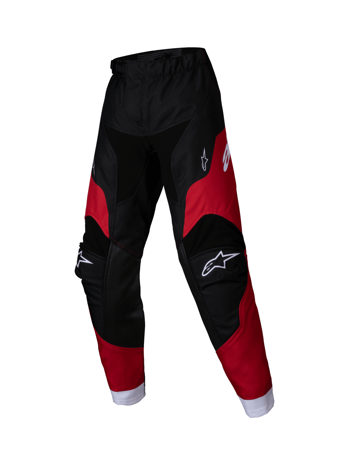 Alpinestars 2025 Kids Racer Veil bukser, motocross bukser til børn, sort og klar rød, hvide logoer på lår og knæ, hvide ankelmanchetter, forbuet ergonomisk design, holdbart materiale til off-road kørsel
