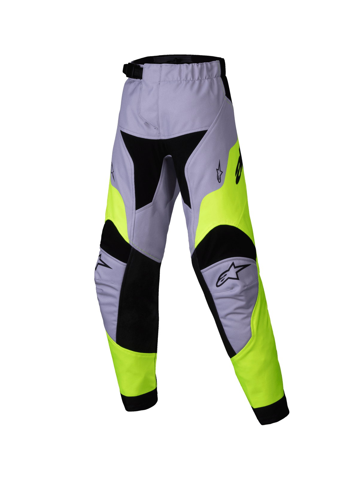 Alpinestars 2025 Kids Racer Veil bukser, motocross-bukser til børn, grå og neongul, teknisk multi-panel design med sorte detaljer, Alpinestars stjernelogoer på knæene, slidstærkt tekstil til off-road racing