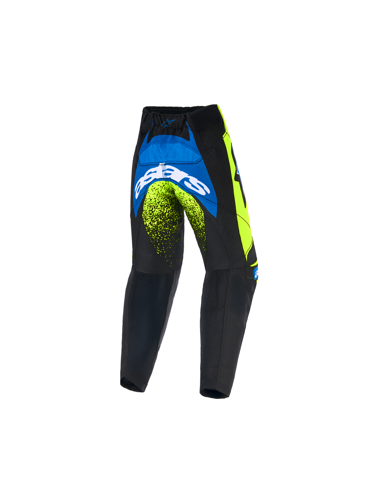 Alpinestars 2026 Kids Racer Nomur bukser, motocross-bukser til børn, mørkeblå, neon-gul og UCLA-blå, set bagfra med hvidt Astars-logo og neon-detaljer, holdbart design til off-road kørsel