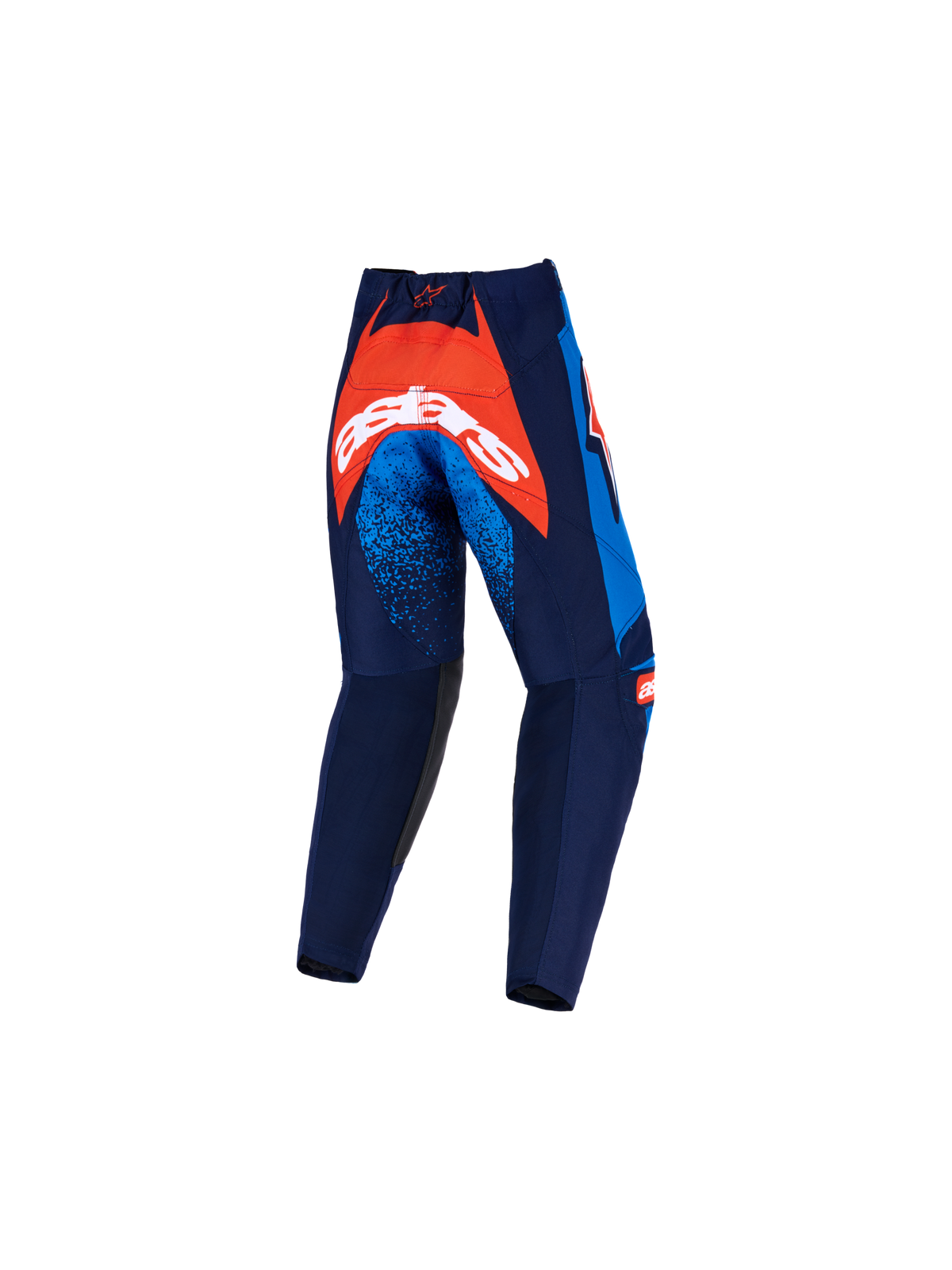 Alpinestars 2026 Kids Racer Nomur bukser, motocrossbukser, mørkeblå, orange og UCLA-blå, set bagfra med et stort orange panel på sædet og hvidt logo, blå nistrede detaljer på lårene, holdbar tekstilkonstruktion til terrænkørsel