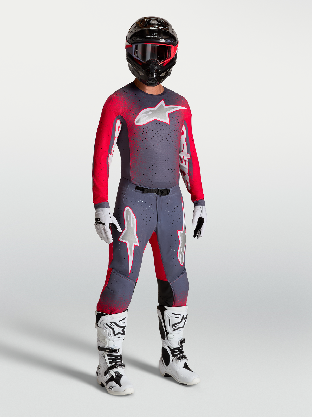 Alpinestars Supertech Hiten AFD bukser og Supertech Hiten AFD udstyrssæt, motocrossudstyr til herrer, grå og rød fluo.