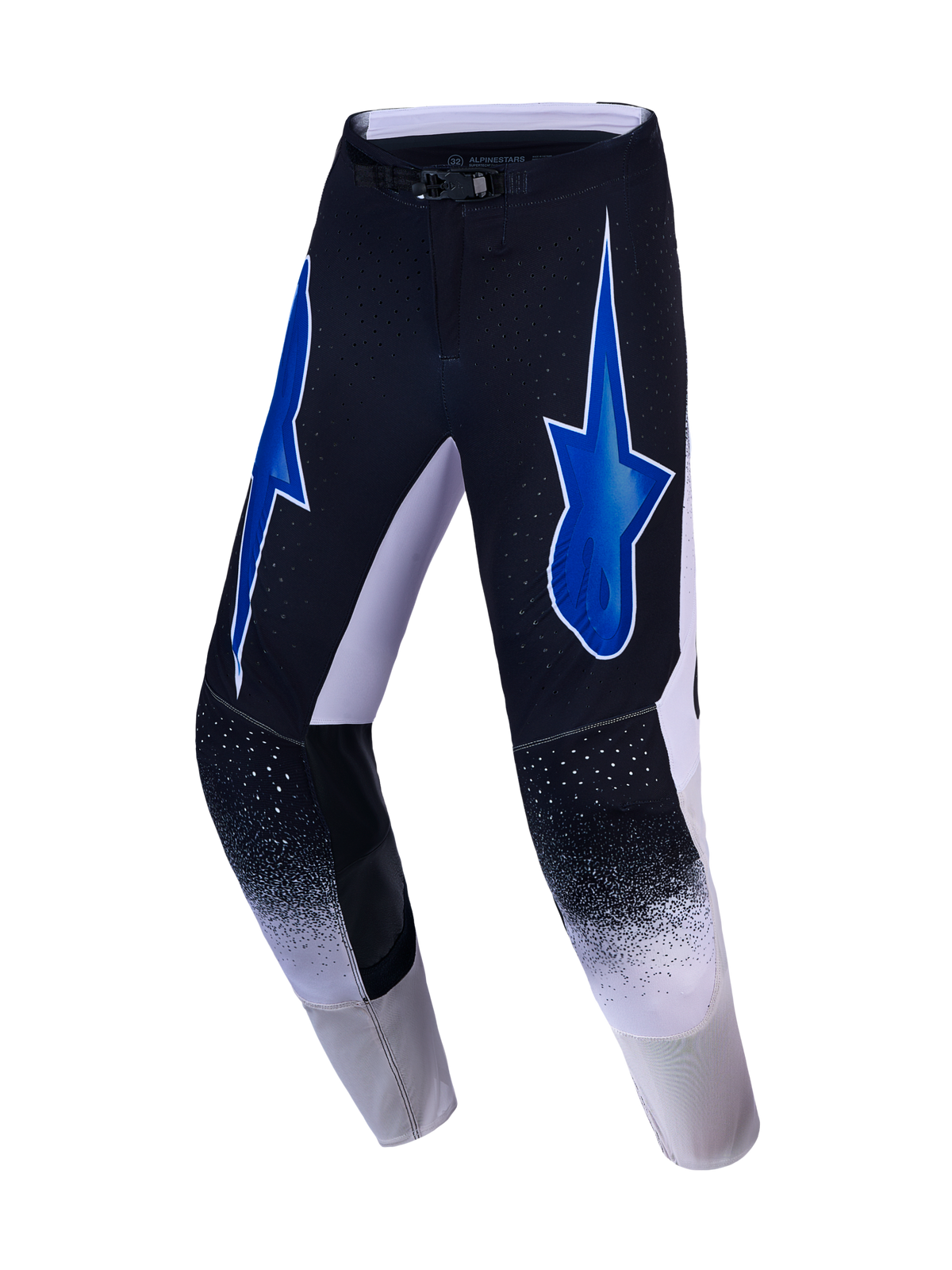 Alpinestars Supertech Hiten AFD motocrossbukser til herrer, sort og blå, atletisk strækpasform med store stjernelogoer.
