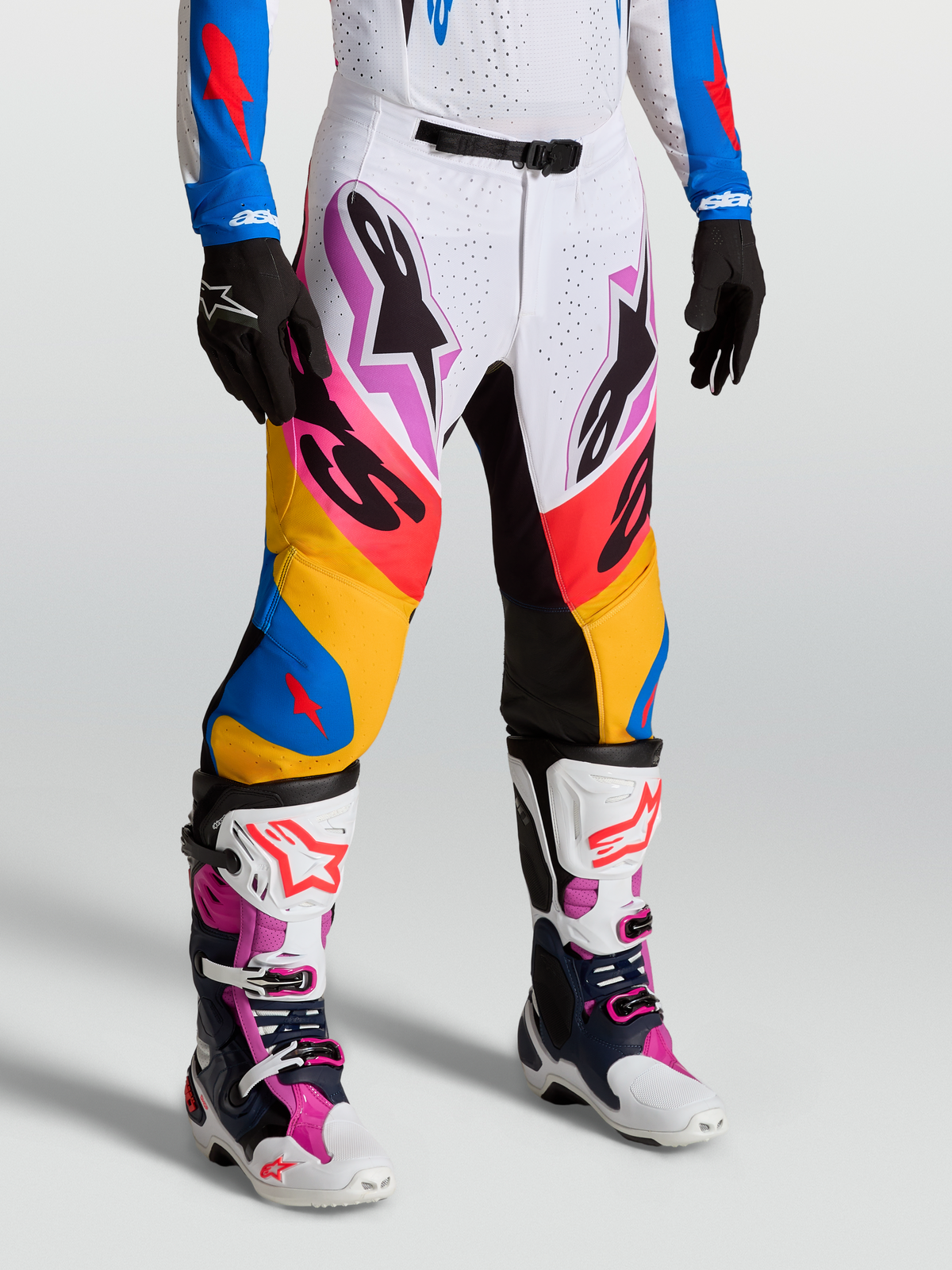 Alpinestars Supertech Dyna bukser, hvid og blå motocrossbukser, atletisk pasform med høj ventilation