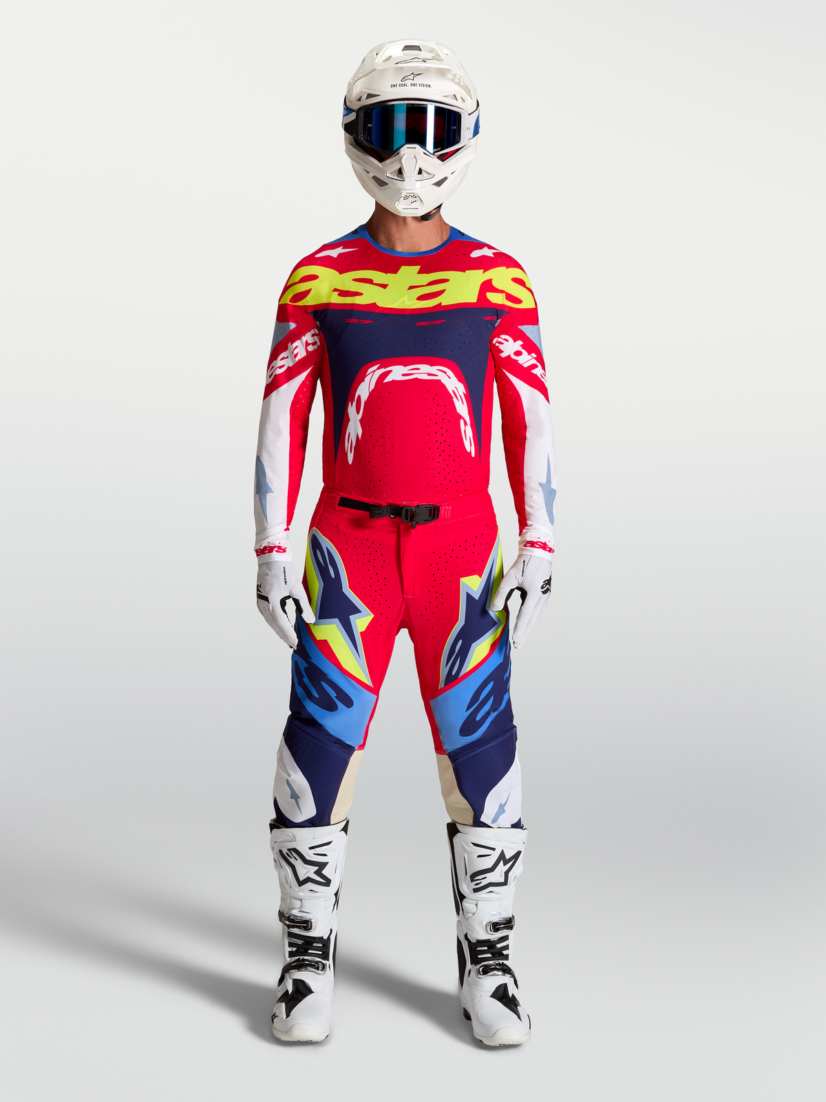 Alpinestars Supertech Dyna Gear Set and Pants, Men's Motocross Racing Gear, Red and Navy Blue, athletic pro-rider fit.