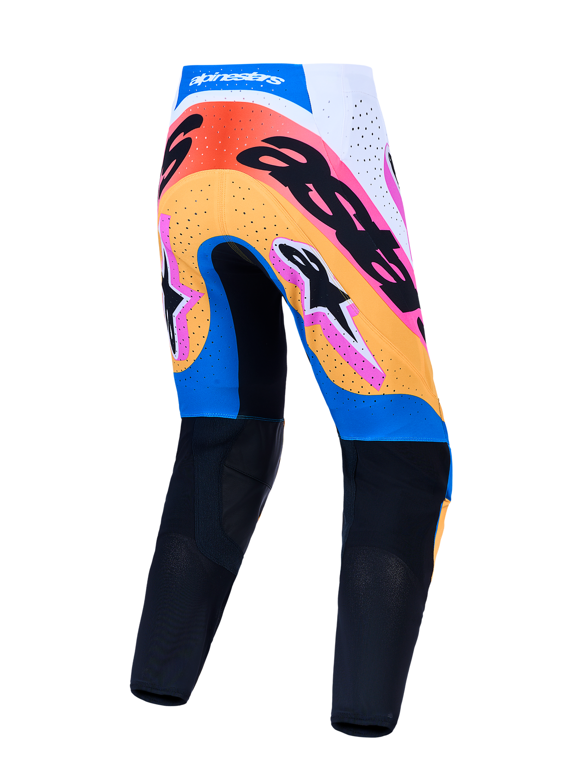 Alpinestars Supertech Dyna herre-motocrossbukser, blå og sorte med farverig grafik, set bagfra, performance MX-gear.