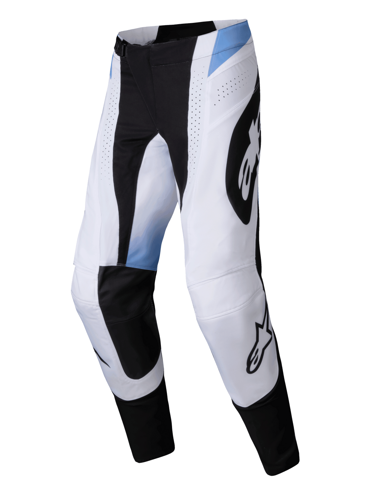 Alpinestars 2025 Techstar Melt bukser, motocrossbukser, hvid og sort med lyseblå detaljer, store sorte Alpinestars-logoer, laserskårne ventilationshuller, slidstærk atletisk pasform til off-road racing
