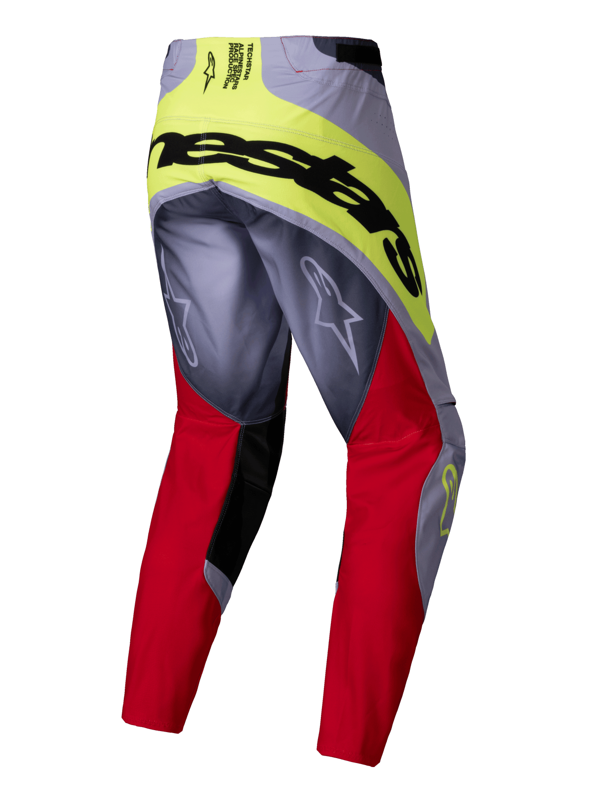 Alpinestars 2025 Techstar Melt bukser, motocross-bukser, rød og grå med neongule detaljer, set bagfra med stort sort Alpinestars-logo på bagdelen, Astars-logoer på benene, slidstærkt multimateriale-design til off-road kørsel