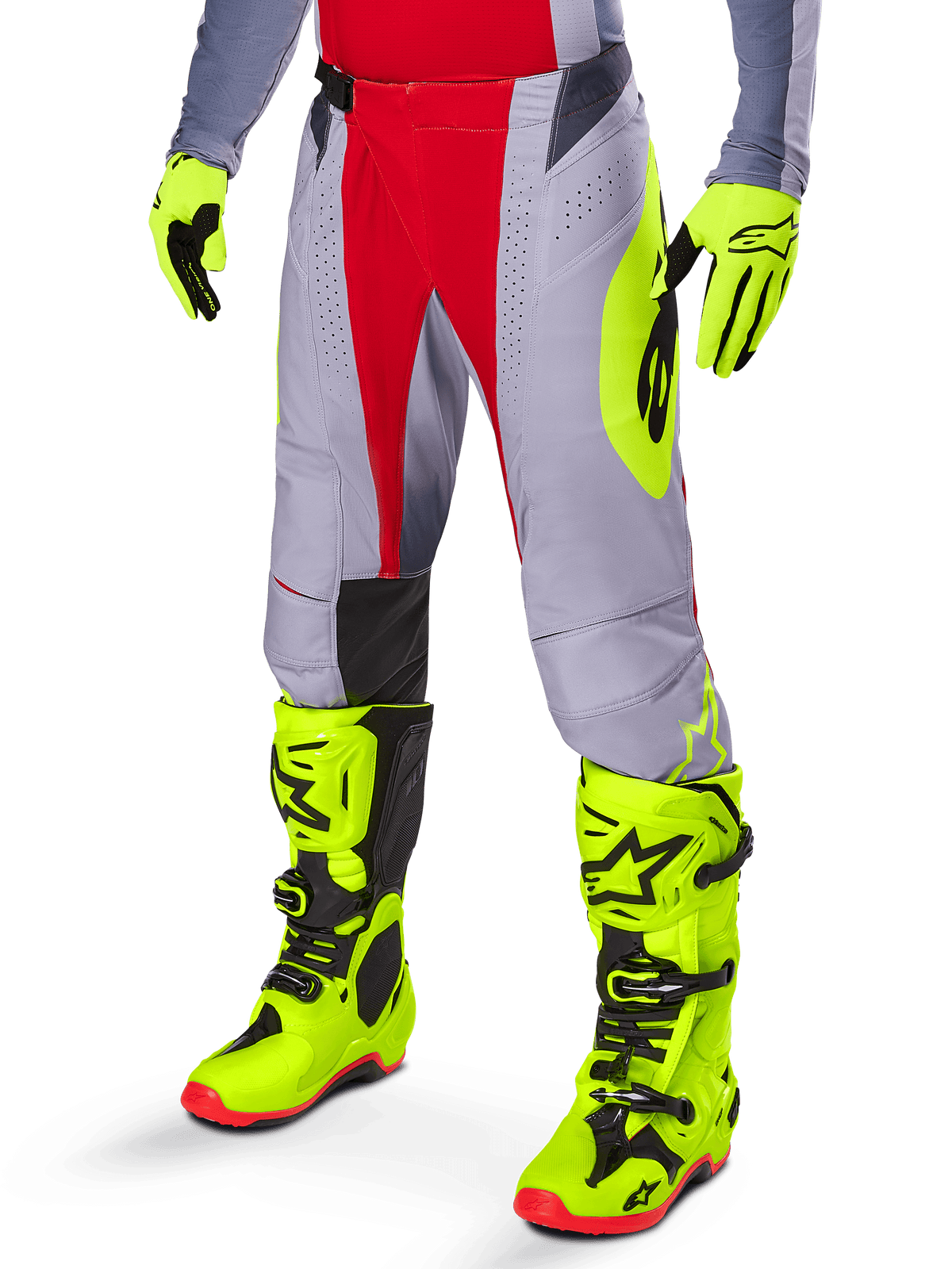 Alpinestars 2025 Techstar Melt bukser, motocrossbukser, klar rød og grå, med neongul grafik på siderne og sorte knæpaneler, kombineret med matchende neongule støvler og handsker, designet til off-road kørsel på konkurrenceniveau
