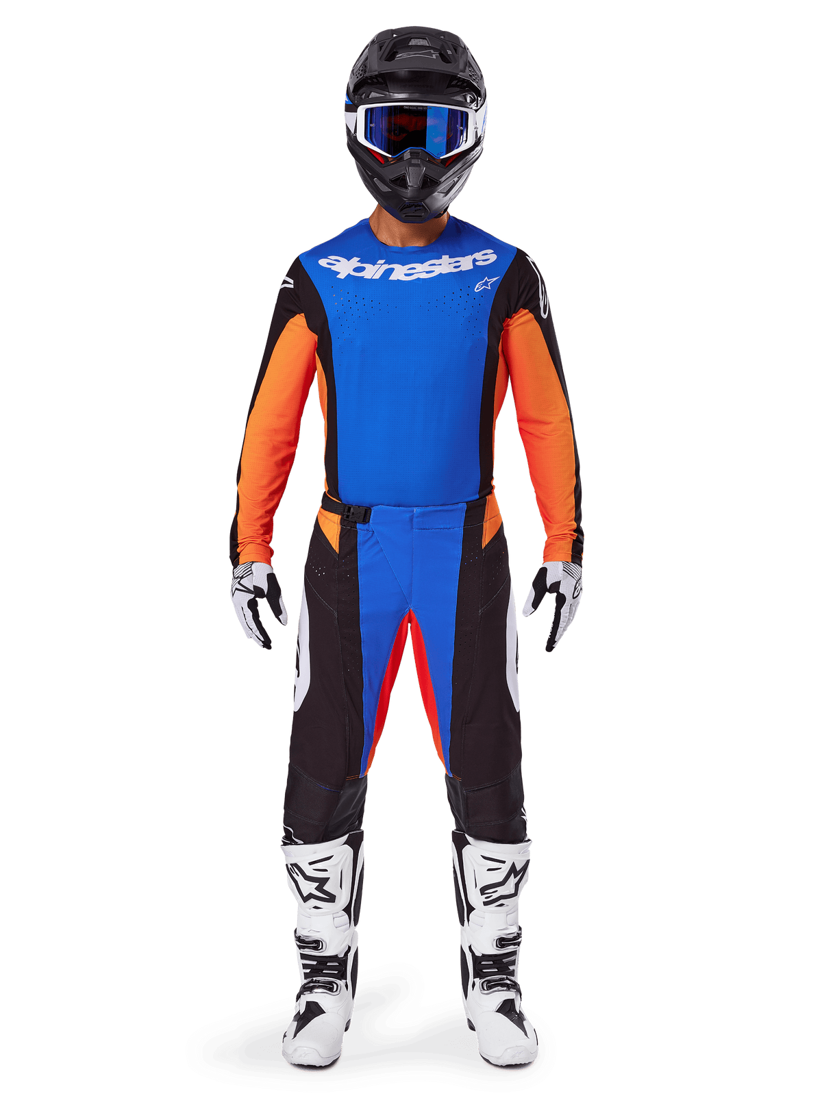 Motocross rider wearing complete racing gear, Alpinestars 2025 Techstar Melt Gear Set, Blue and Orange, blue jersey with orange sleeves, matching pants with white logos, black helmet with blue goggles, white and black boots and gloves, coordinated outfit for off-road racing