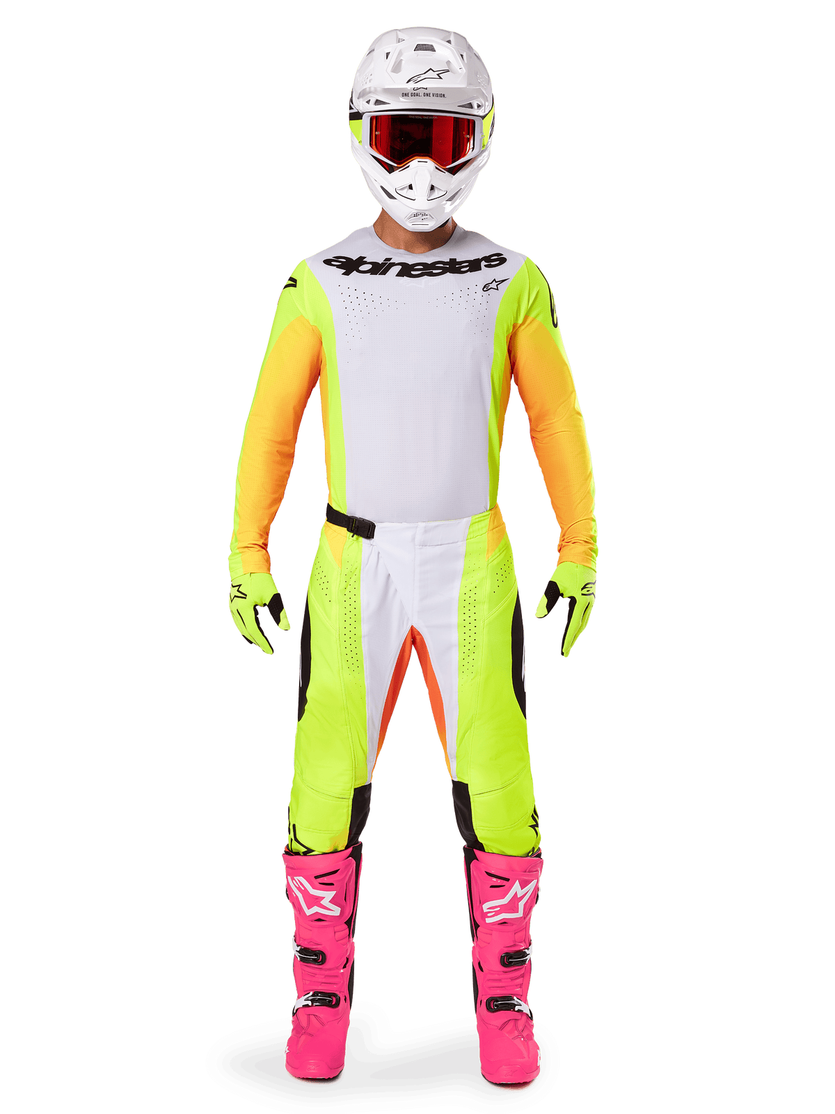 Motocrosskører iført Alpinestars 2025 Techstar Melt-udstyrssæt, hvid jersey med gule og orange ærmer, neongule bukser med hvide og orange detaljer, hvid hjelm med røde goggles, lyserøde støvler og neongule handsker, komplet racerudstyr til terrænkørsel