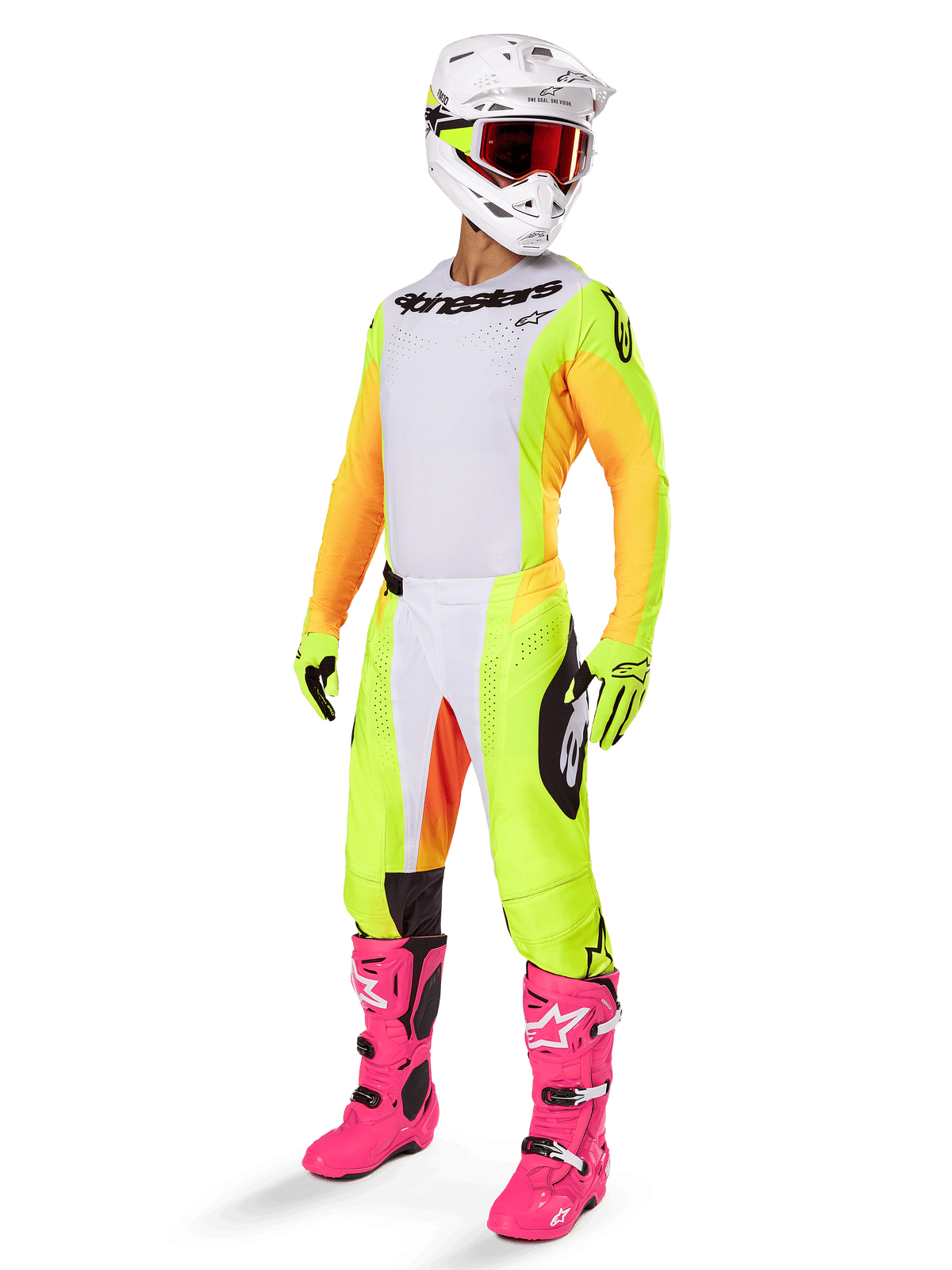 Alpinestars 2025 Techstar Melt-udstyrssæt, komplet motocross-raceroutfit, hvid jersey med gule og orange ærmer, neongule bukser, lyserøde støvler, hvid hjelm med røde goggles, gule handsker, farverigt racerudstyr
