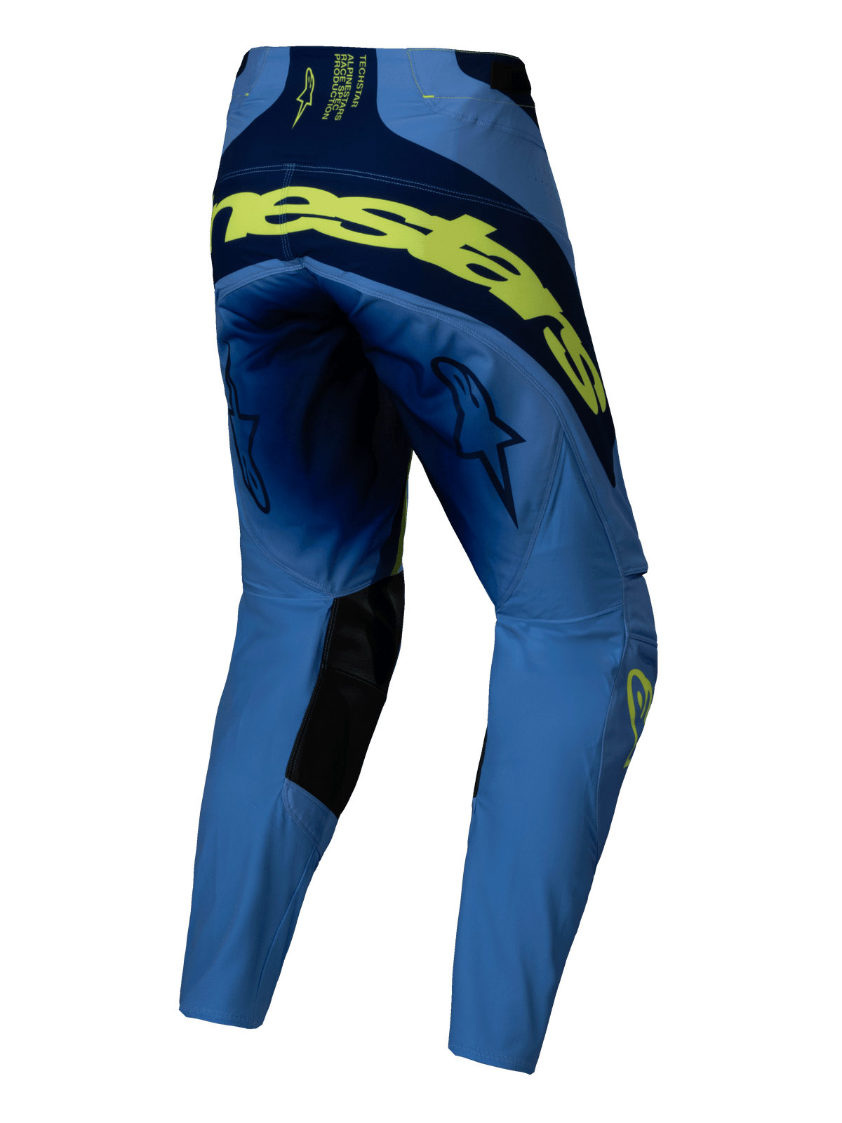 Alpinestars 2025 Techstar Melt bukser, motocross-bukser, gul og fluorescerende blå, set bagfra med stor neon-gul branding på tværs af bagsiden, mørkeblå paneler, stjerne-logoer på lårene og sorte indvendige knæforstærkninger.