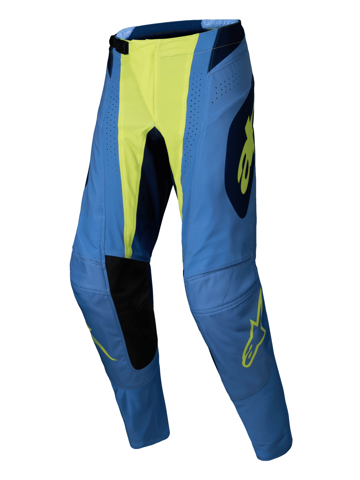 Alpinestars 2025 Techstar Melt bukser, motocross bukser, gul fluo blå, blå med neon-gul midte og logodetaljer, sorte indvendige knæpaneler, laserperforeringer, atletisk race-pasform til off-road ydeevne