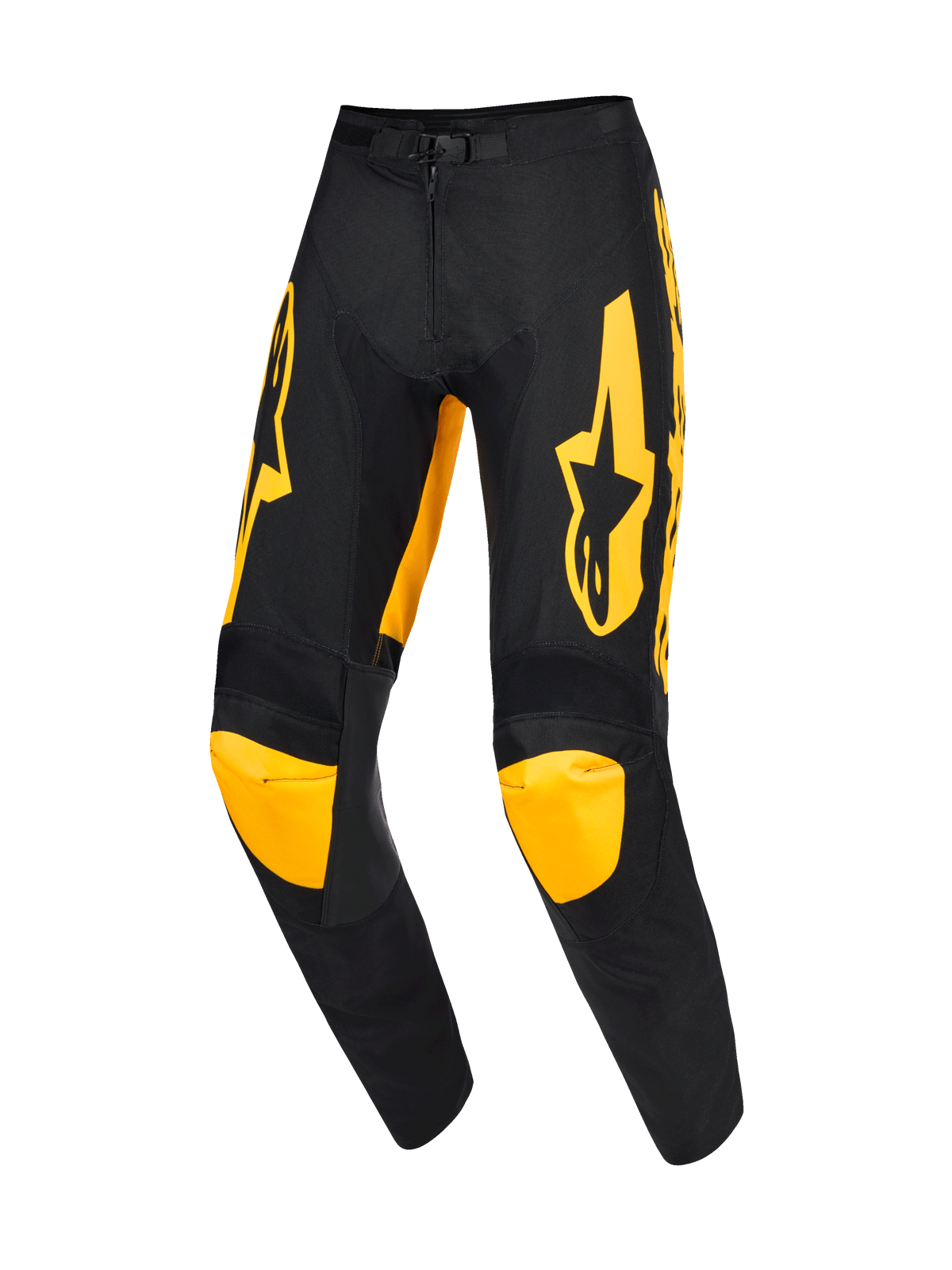 Alpinestars 2026 Racer Riway bukser, motocrossbukser, gul og sort, med markante gule logoer på lårene og gule knæpaneler, ergonomisk forbuet design, holdbar polyfabric-konstruktion til professionel off-road kørsel