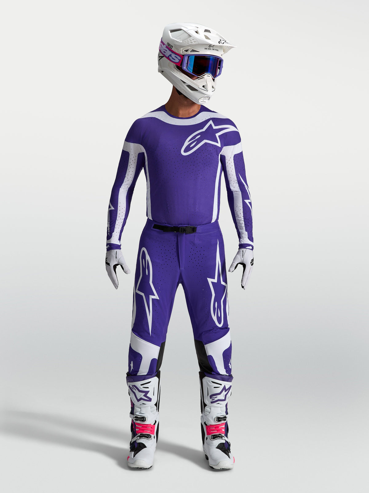 Alpinestars Supertech Vesta Pants, Men's Motocross Pants in Deep Blue and White, featuring an athletic fit and rip-stop fabric.