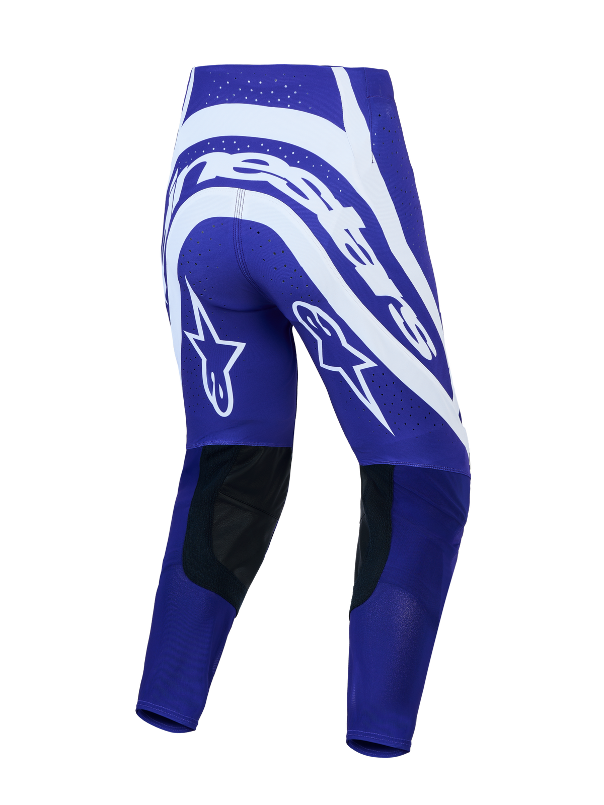 Alpinestars Supertech Vesta bukser, motocrossbukser til herrer, blå og hvid, stjerne-grafik og læderpaneler, set bagfra.