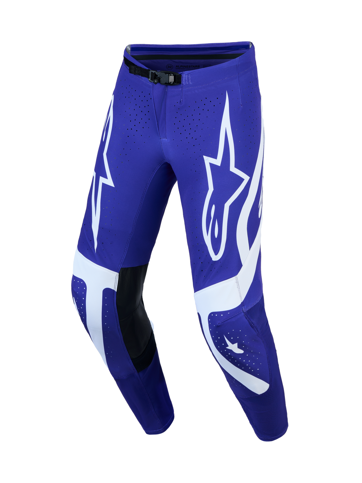 Alpinestars Supertech Vesta herremotocrossbukser, blå og hvid, læderpaneler på knæene og stjerne-grafik.