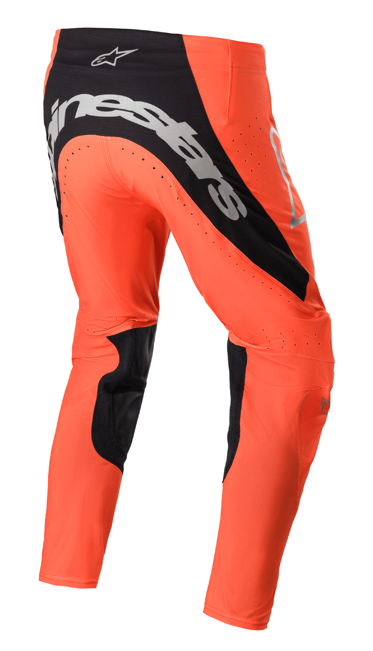 Alpinestars 2023 Supertech Risen bukser, motocrossbukser, Hot Orange og sort, set bagfra med markant sølvfarvet branding på sædet, sorte indvendige benpaneler og perforerede ventilationszoner til off-road racing.