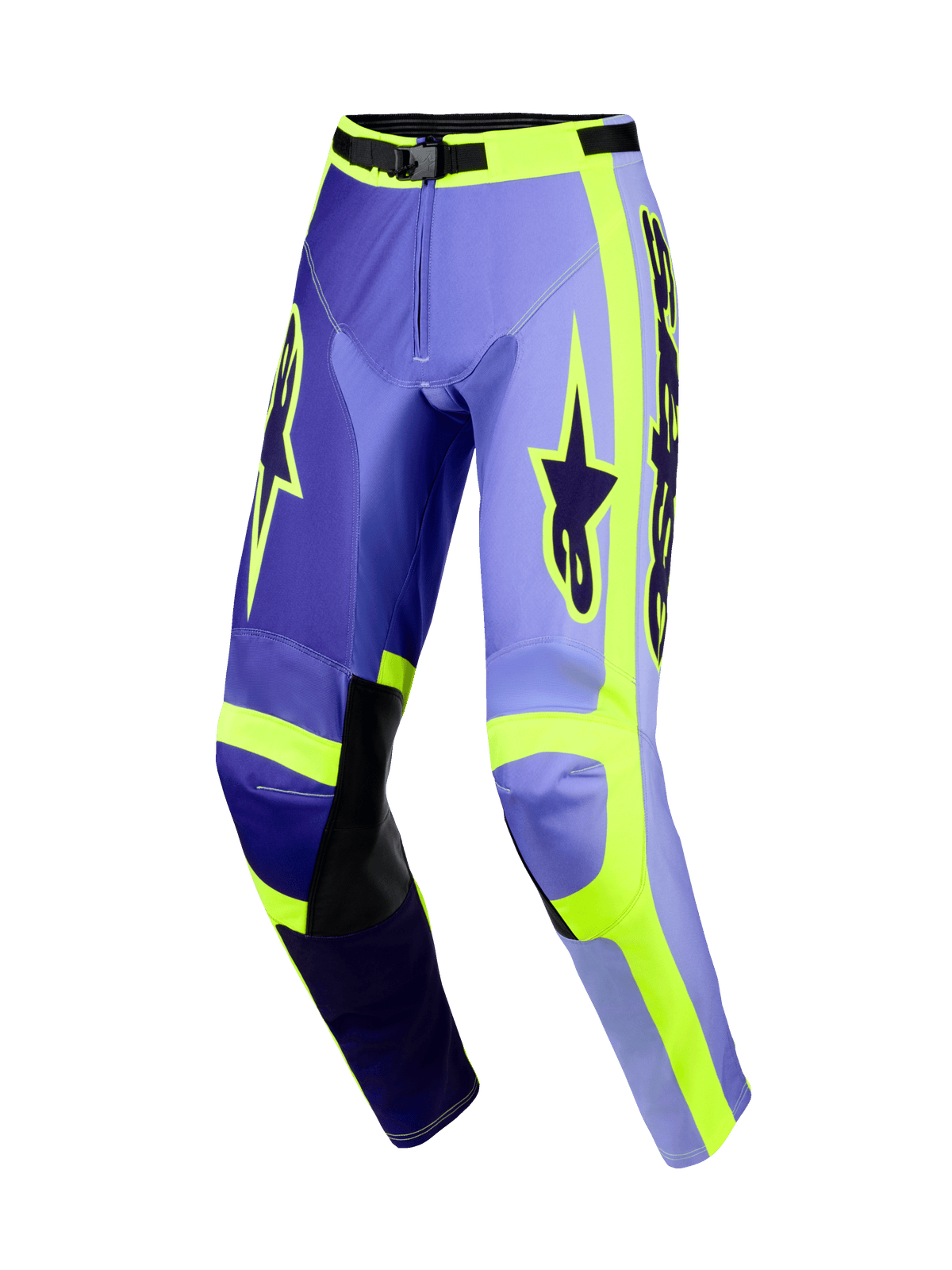 Alpinestars 2026 Racer Portl bukser, motocross-bukser, lilla og fluorescerende gul, med lilla paneler i flere nuancer og neongule accenter, sorte læderlapper på indersiden af knæene, tydelig Alpinestars-branding på lårene og et forbuet ergonomisk design til off-road racing.
