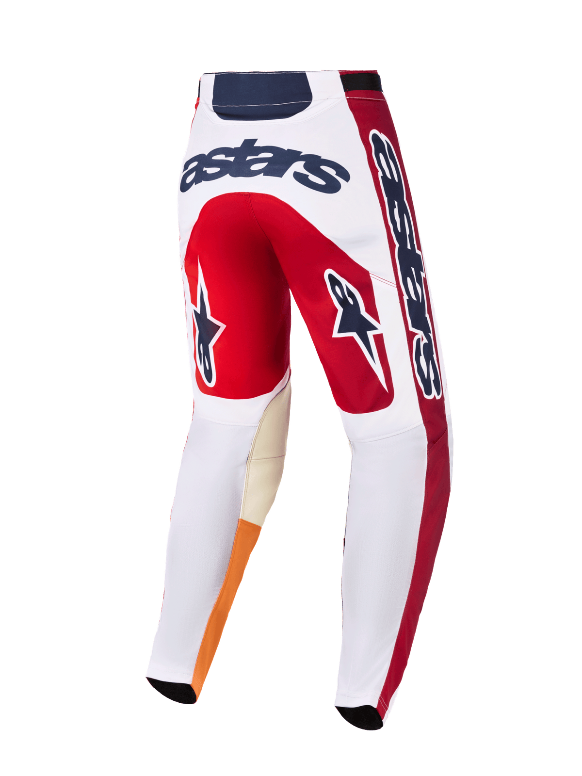 Alpinestars 2026 Racer Portl bukser, motocross-bukser, rød, hvid og mørkegrå, set bagfra med markant 'astars'-logo bagpå, stjerneikoner på benene, holdbart materiale med forstærkede indvendige knæ til terrænkørsel