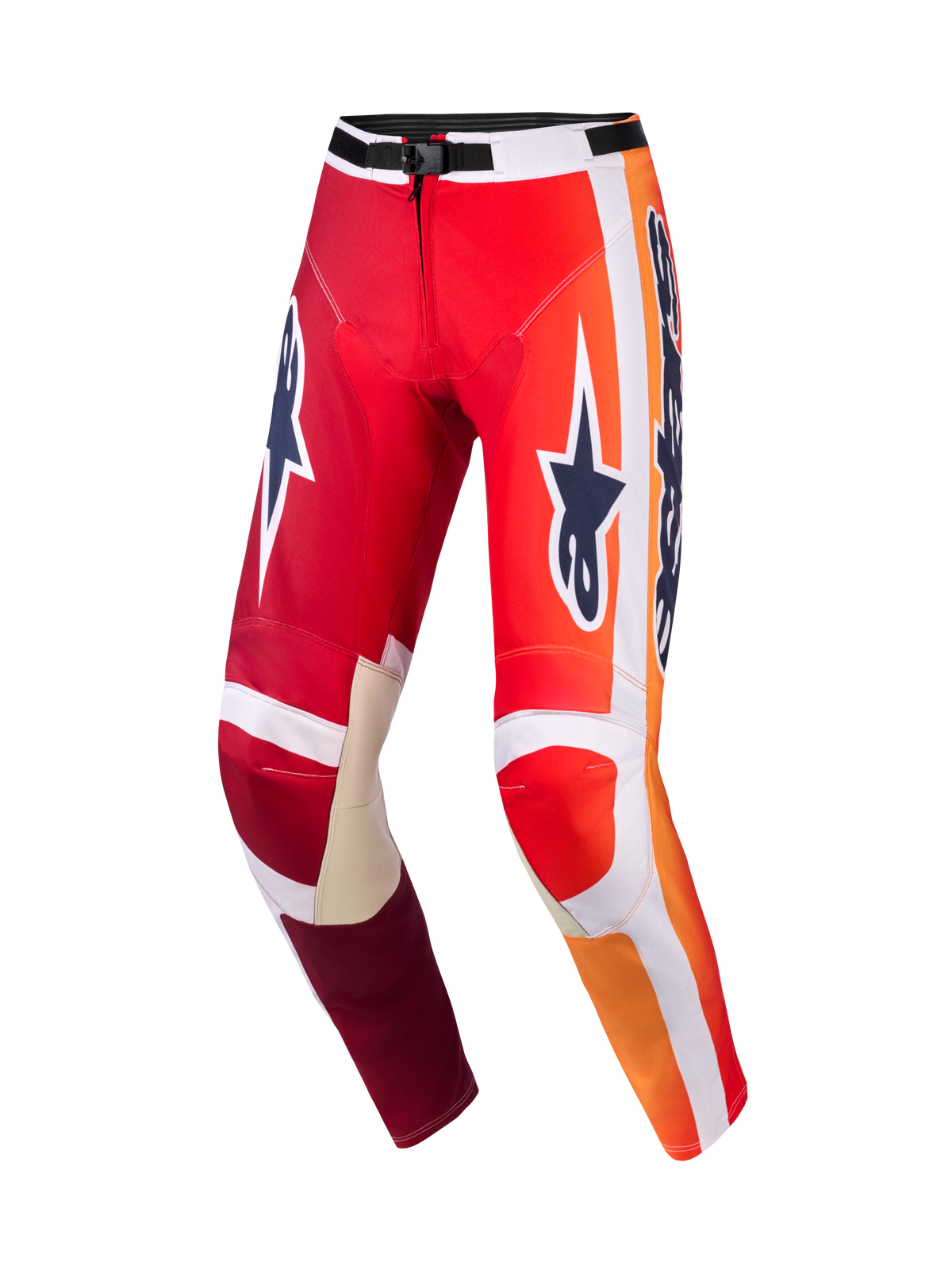 Alpinestars 2026 Racer Portl bukser, motocross-bukser, rød og lysegrå med mørkegrå logoer, livlige orange gradueringer og hvide striber, stor Astar-branding på lårene, lysegrå læderforstærkninger på indersiden af knæene, sort taljespænde, holdbart udstyr til off-road racing