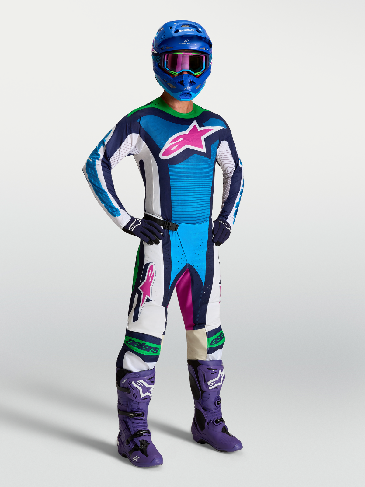 Alpinestars Techstar Maven bukser og Gear Set, blåt og hvidt motocross-outfit til herrer med neongrønne detaljer.