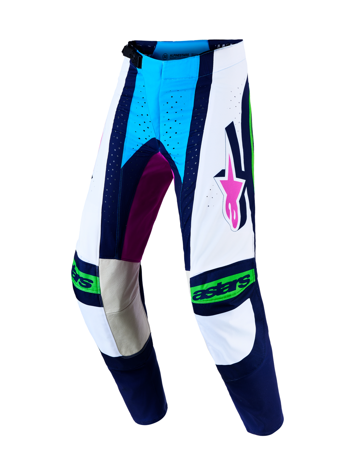 Alpinestars Techstar Maven herre-motocrossbukser, hvid og blå, med læderpaneler på knæene og atletisk race-fit.