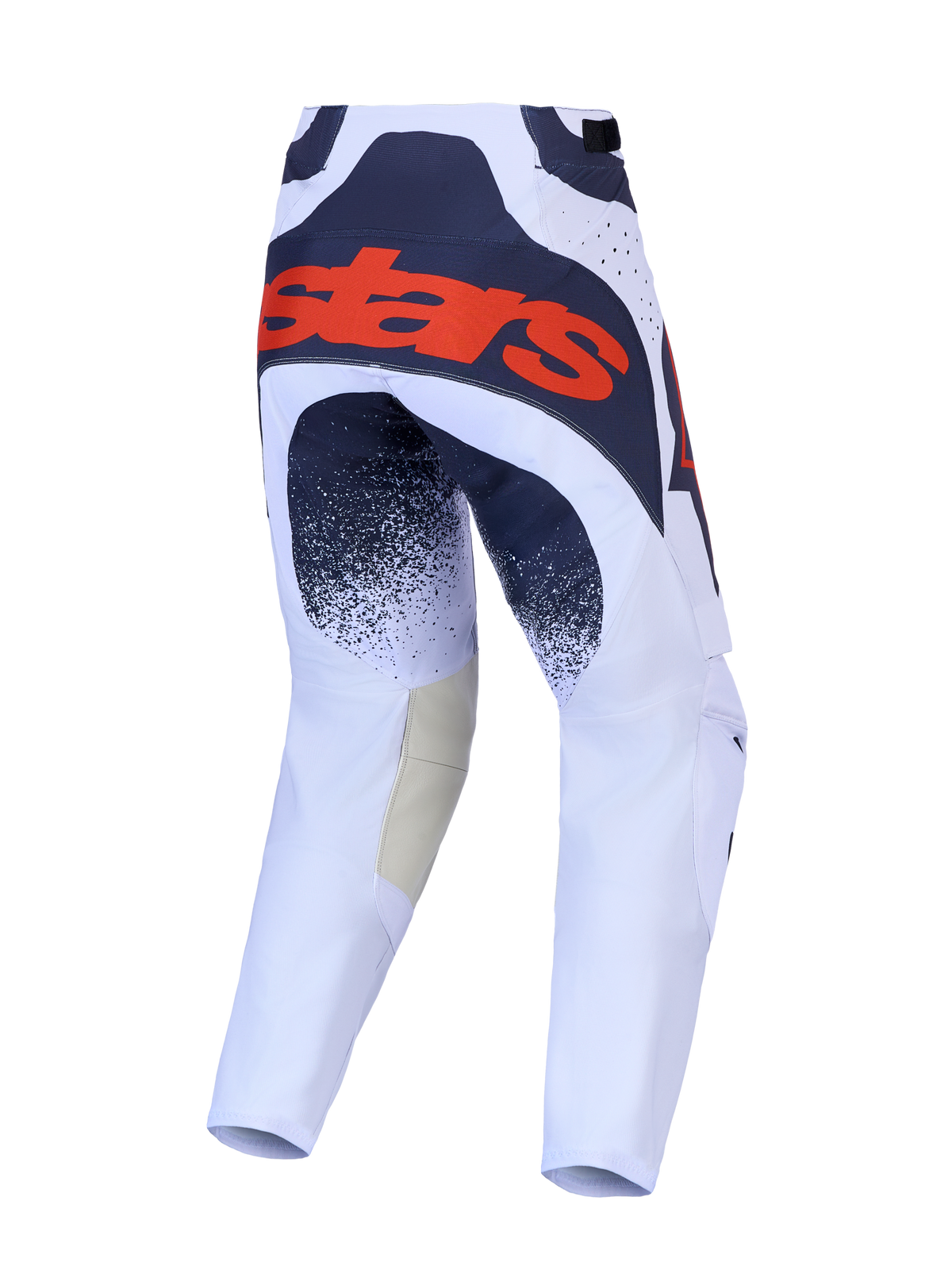 Alpinestars Techstar Swan motocrossbukser i lys lilla og mørkegrå med et markant rødt fluo-logo bagpå.